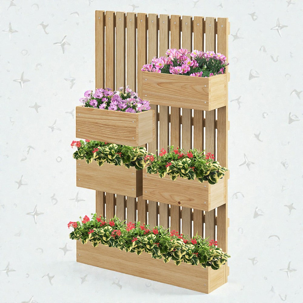 Coocosh wooden tiered vertical planter with multiple boxes filled with colorful flowers and greenery, showcasing its natural wood finish and space-saving design.