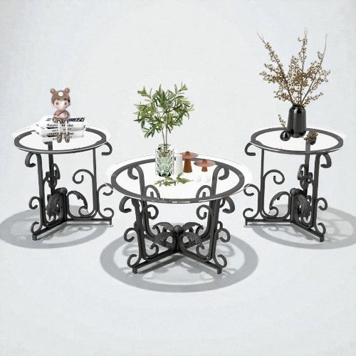 Coocosh black wrought iron side tables with white glass tops, featuring intricate scrolled legs and decorative accents, perfect for adding elegant charm to any living space, shown as a set of three in a balanced arrangement.
