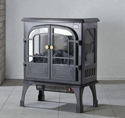 Coocosh black electric fireplace with glass doors and faux logs, offering a cozy ambiance with realistic flames and a built-in heater for warmth.