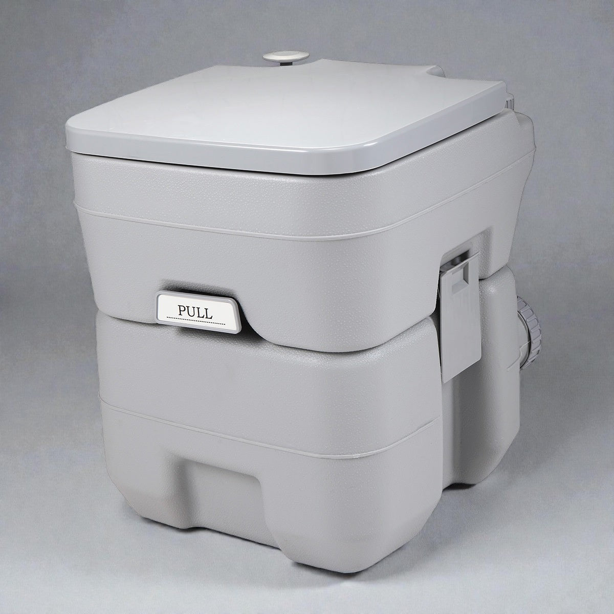 Coocosh portable camping toilet with a pull handle, designed for outdoor use, featuring a detachable waste tank, this light gray toilet is ideal for RVs, boats, and camping trips, offering convenience and portability.