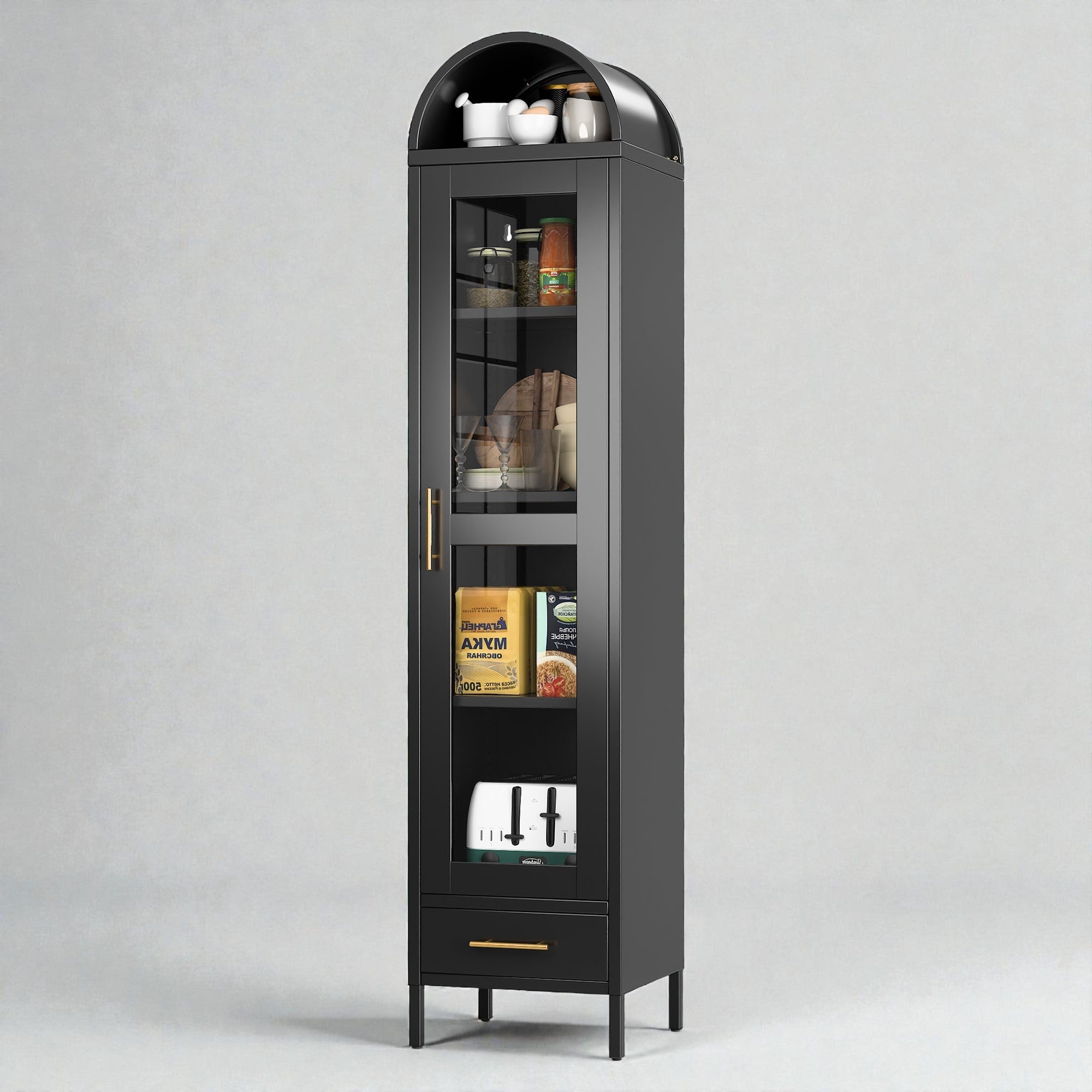 Coocosh Kitchen Cabinet, black metal frame with glass display and drawer, top shelf space for eggs, jars, plates, food boxes and a toaster inside. Modern style, pantry organization. 15x17x68 inches. Storage perspective.