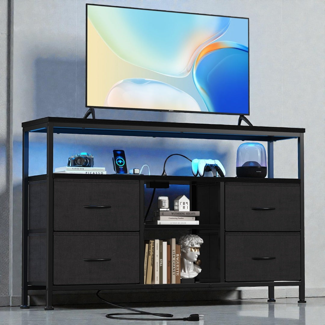 Coocosh TV Stand with Drawers featuring Open Storage and LED Lighting made of Metal and Fabric in Black displaying decor and a television, offering versatile functionality for any home entertainment space. Period.