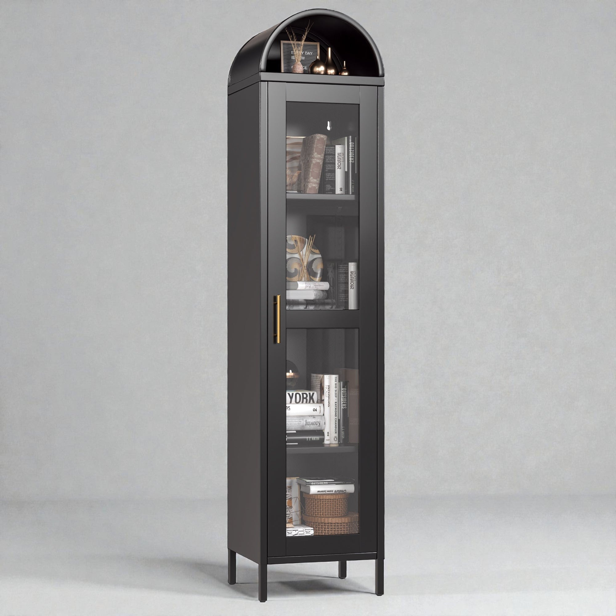 Coocosh tall black metal display cabinet with glass doors and a curved top, featuring gold accents and various decorative items on shelves, perfect for modern living spaces. The cabinet is showcased against a neutral gray backdrop.