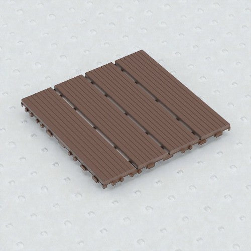 Coocosh interlocking deck tiles are made from durable composite wood and feature a rich brown finish, presented in a close-up, angled view on a white speckled surface.