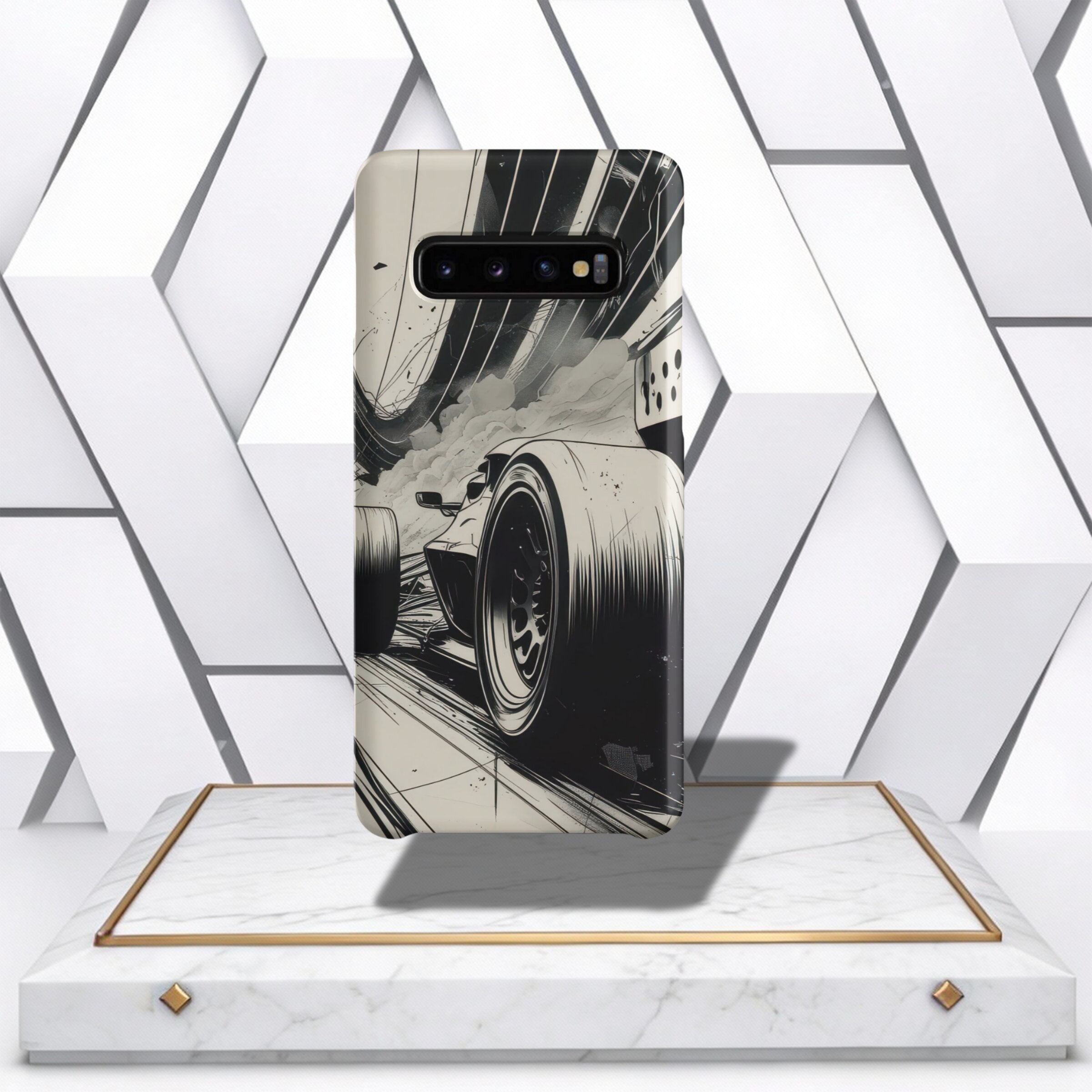 Coocosh Phone Case featuring a stylized black and white race car design, offering sleek protection with a unique automotive-inspired aesthetic, standard size, showcased on a display stand. Period.