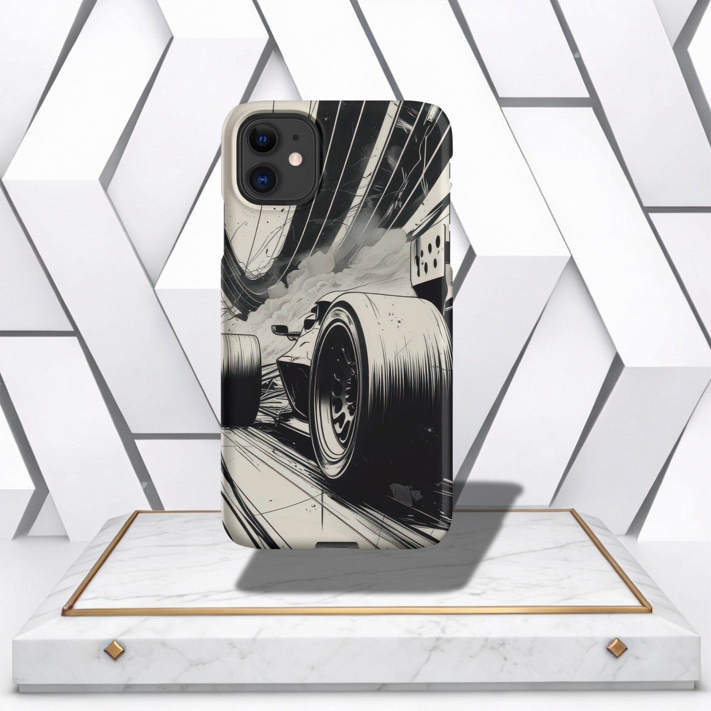 Coocosh phone case featuring a monochromatic race car design, offering protection and style. The case is durable and lightweight, designed to fit standard iPhone models for a sleek look.