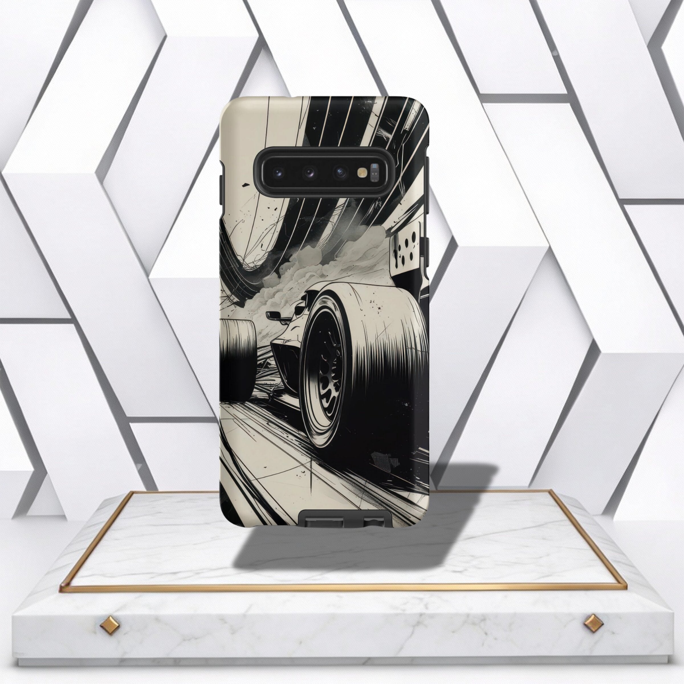 Coocosh phone case with a cool black and white race car design, offering protection and style for your device. A unique accessory to show off your passion for racing. Durable and sleek. Period.