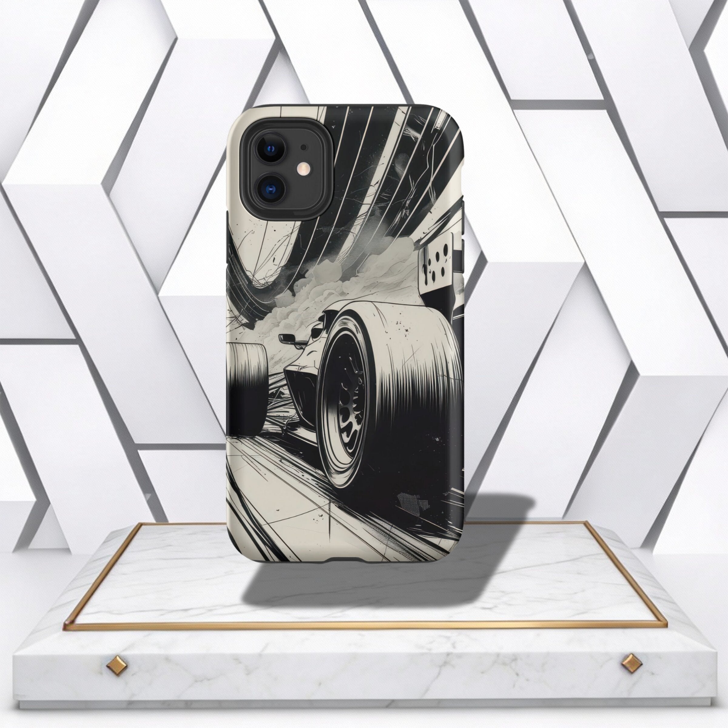 Coocosh iPhone Case with a sleek Formula 1 racing car design, showcasing a dynamic black and white illustration. The protective phone cover provides a stylish edge with a modern twist. Perfect for race fans, it measures standard size and offers a unique p