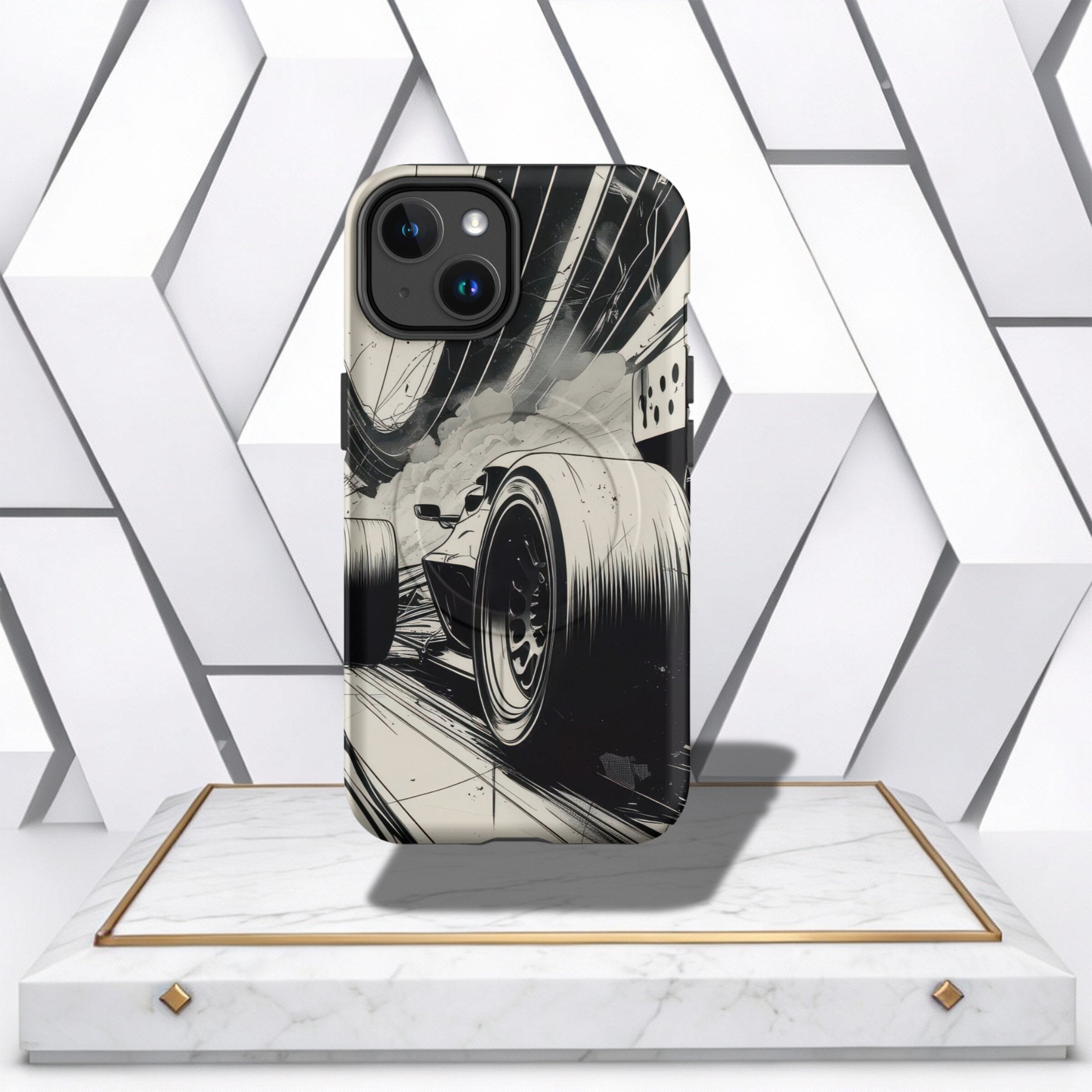 Coocosh Phone Case featuring a unique black and white race car design. Made of durable material, this standard sized case offers a stylish perspective, adding protection and flair to your phone. Period.
