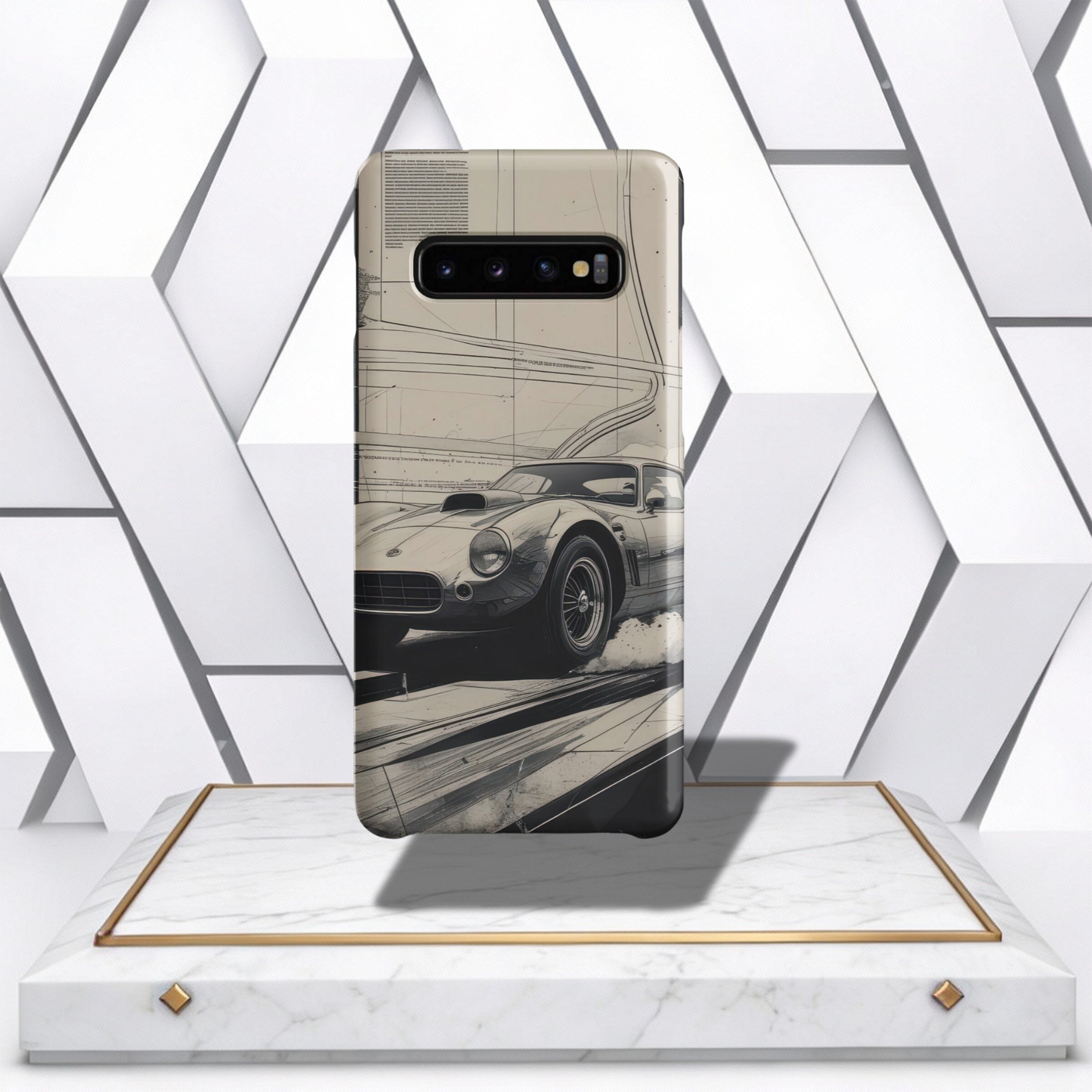 Coocosh Phone Case featuring a classic car design with intricate blueprint-style details, printed on a durable material. The phone case has black accents and standard dimensions, showcased in a product display context on a marble stand. A perfect accessor