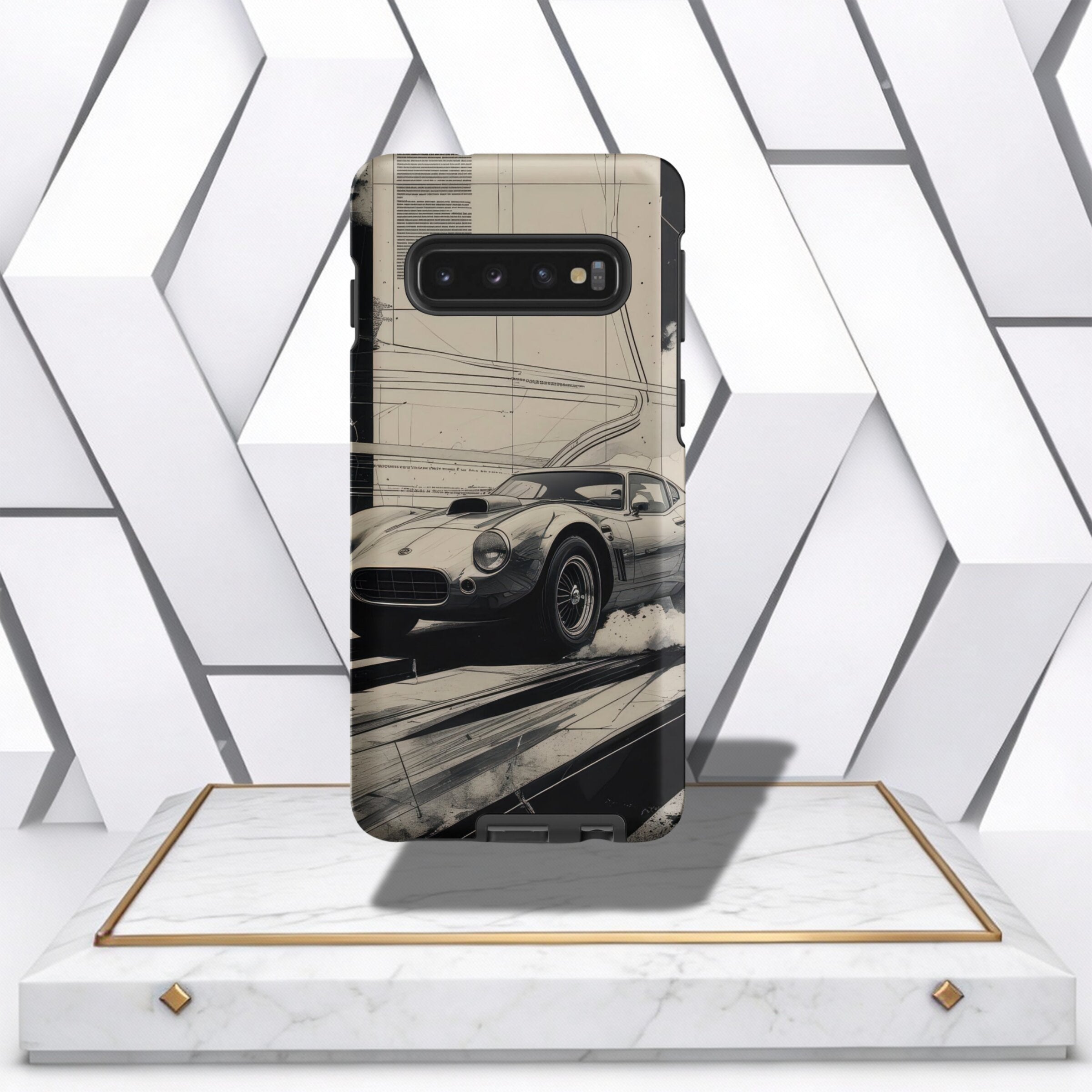 Coocosh Phone Case featuring a monochrome vintage race car design, offering protection and style, complements your device with a unique aesthetic. A blend of classic art and modern technology. The perfect accessory. Lightweight and durable for everyday us