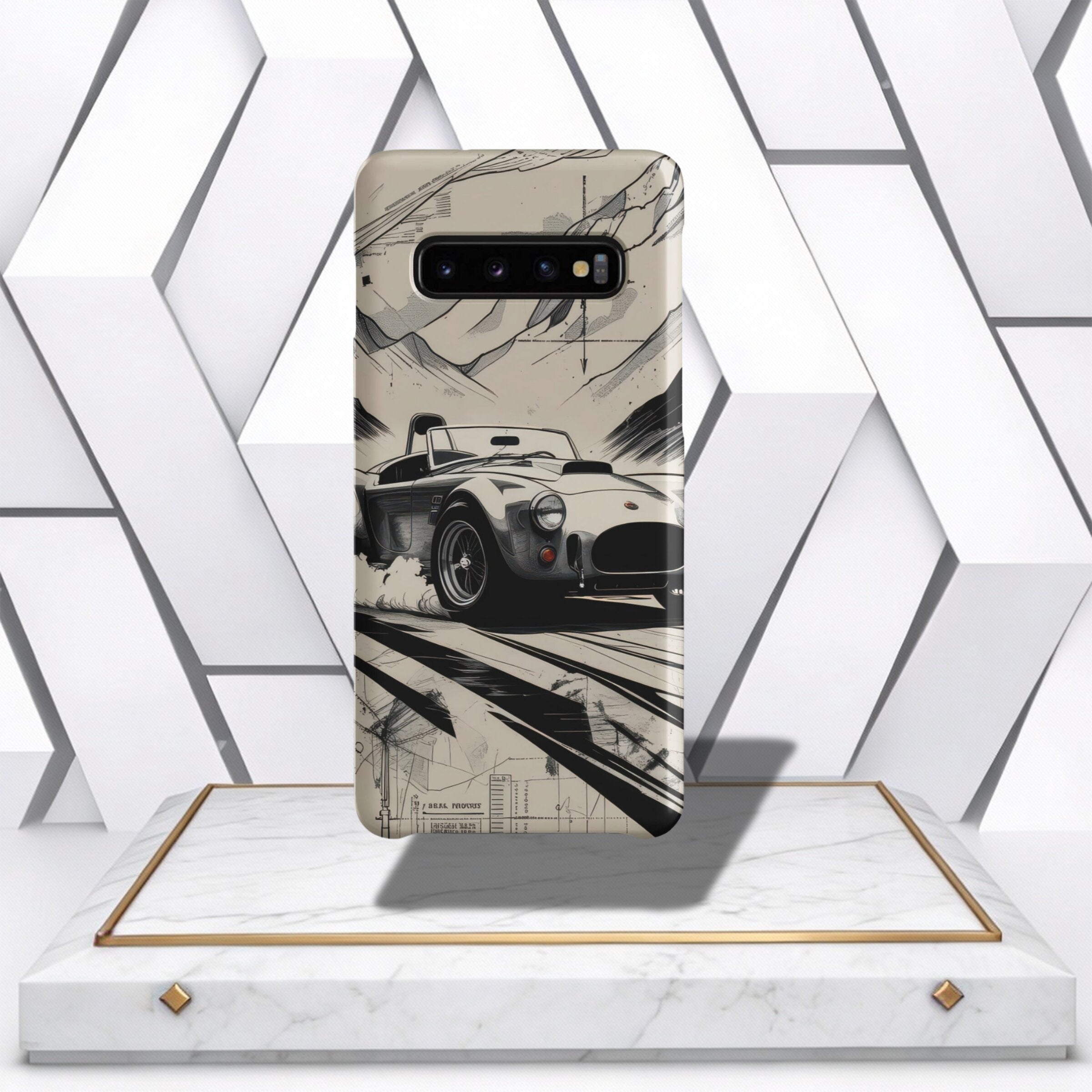 Coocosh Phone Case featuring a vintage race car design in monochrome colors, adding a unique retro aesthetic to your smartphone while protecting it from scratches and bumps. A classic style for your device.