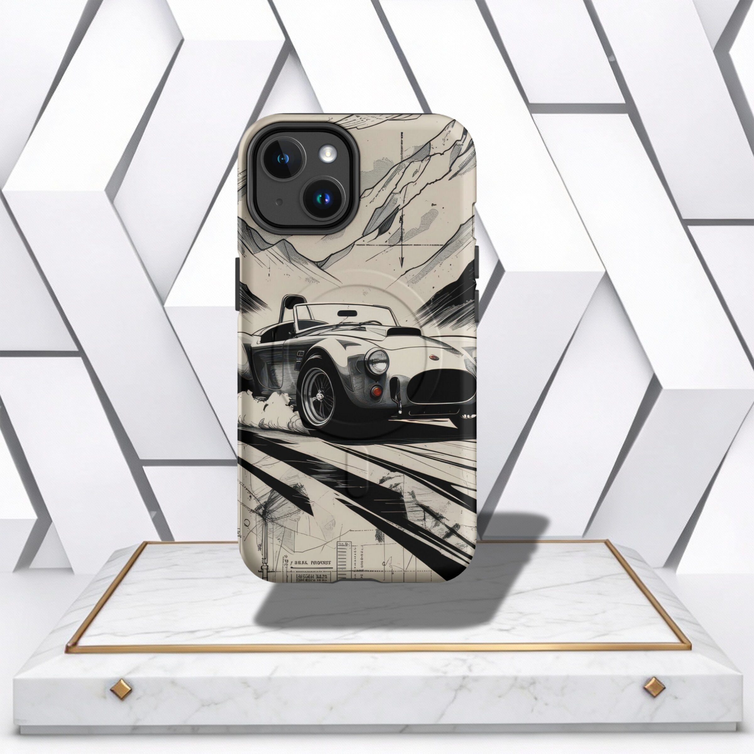 Coocosh Phone Case showcasing a classic car design in black and white. The case seems to be crafted from durable material and features a monochromatic rendering of a vintage vehicle with an architectural background. The case is designed to fit a standard-