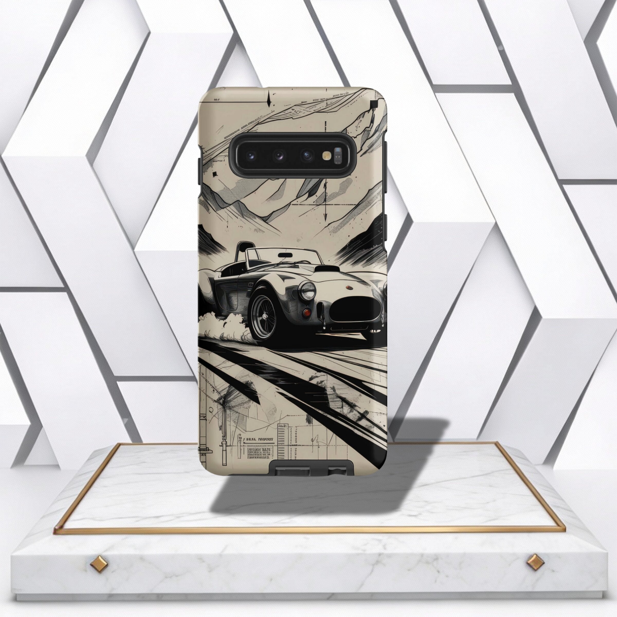 Coocosh Phone Case featuring a classic car drawing, hard plastic providing good protection, in a neutral tone, designed to fit a standard smartphone, product staged on a pedestal.