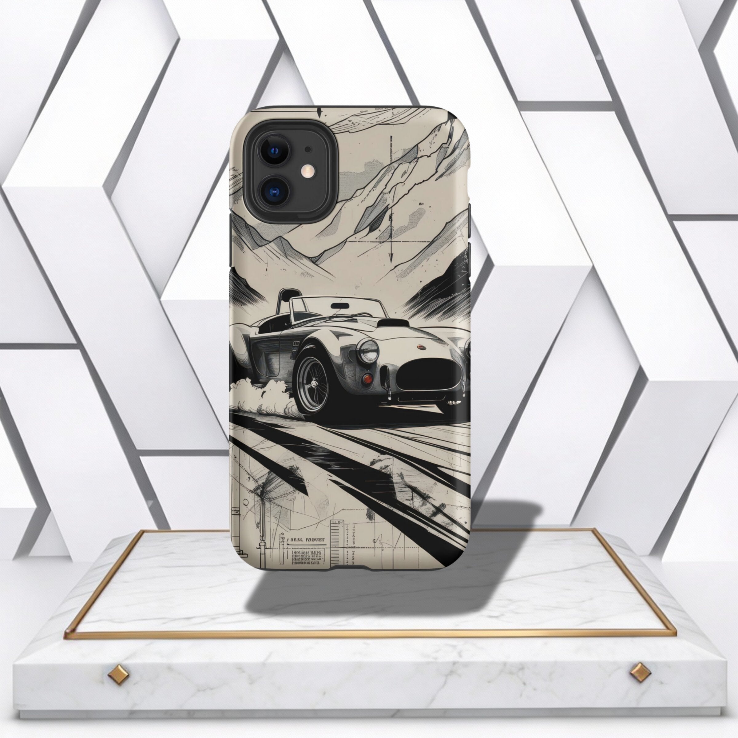 Coocosh phone case featuring a monochrome race car design with mountain backdrop, automotive schematic details, stylish protection for your device, and cool aesthetic appeal. Perfect for car enthusiasts..