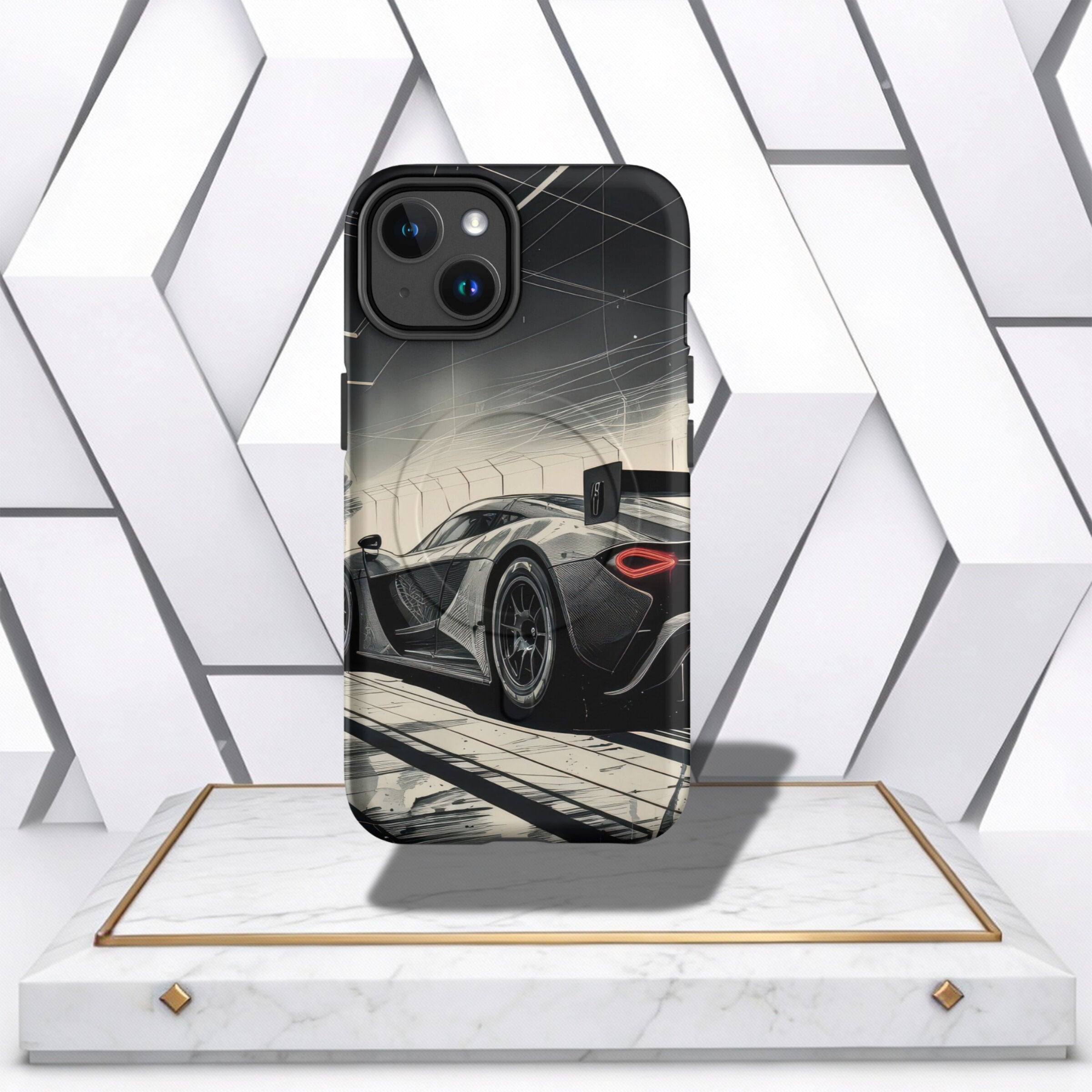 Coocosh phone case with a sleek, black and white sketch of a McLaren P1 GTR race car in a tunnel, offering robust protection and stylish design. Viewed from a low angle.. This case measures approximately 6 x 3 inches and enhances your phone's aesthetics w