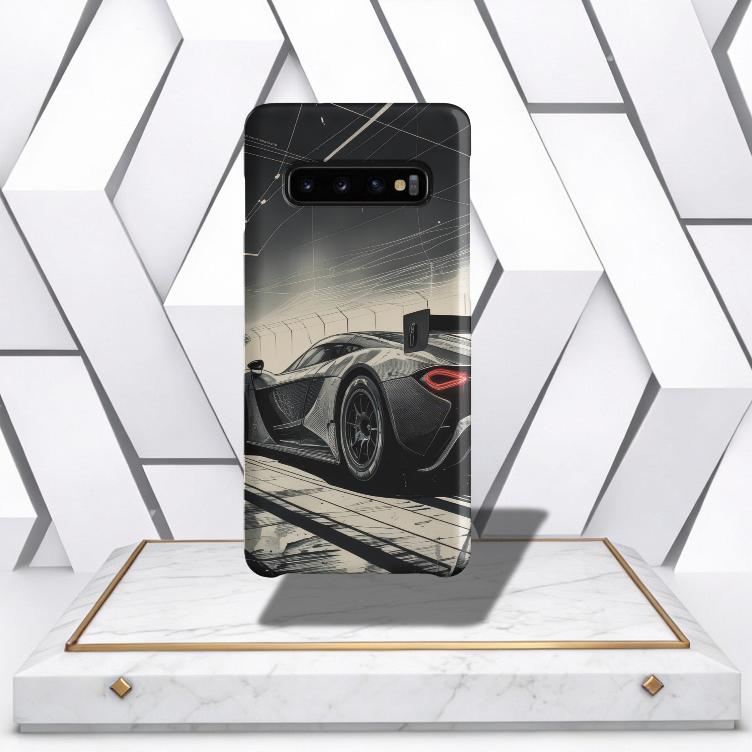 Coocosh phone case featuring a sleek, abstract racing car design, providing durable protection and a stylish look for your device, shown on a display stand. A modern touch.