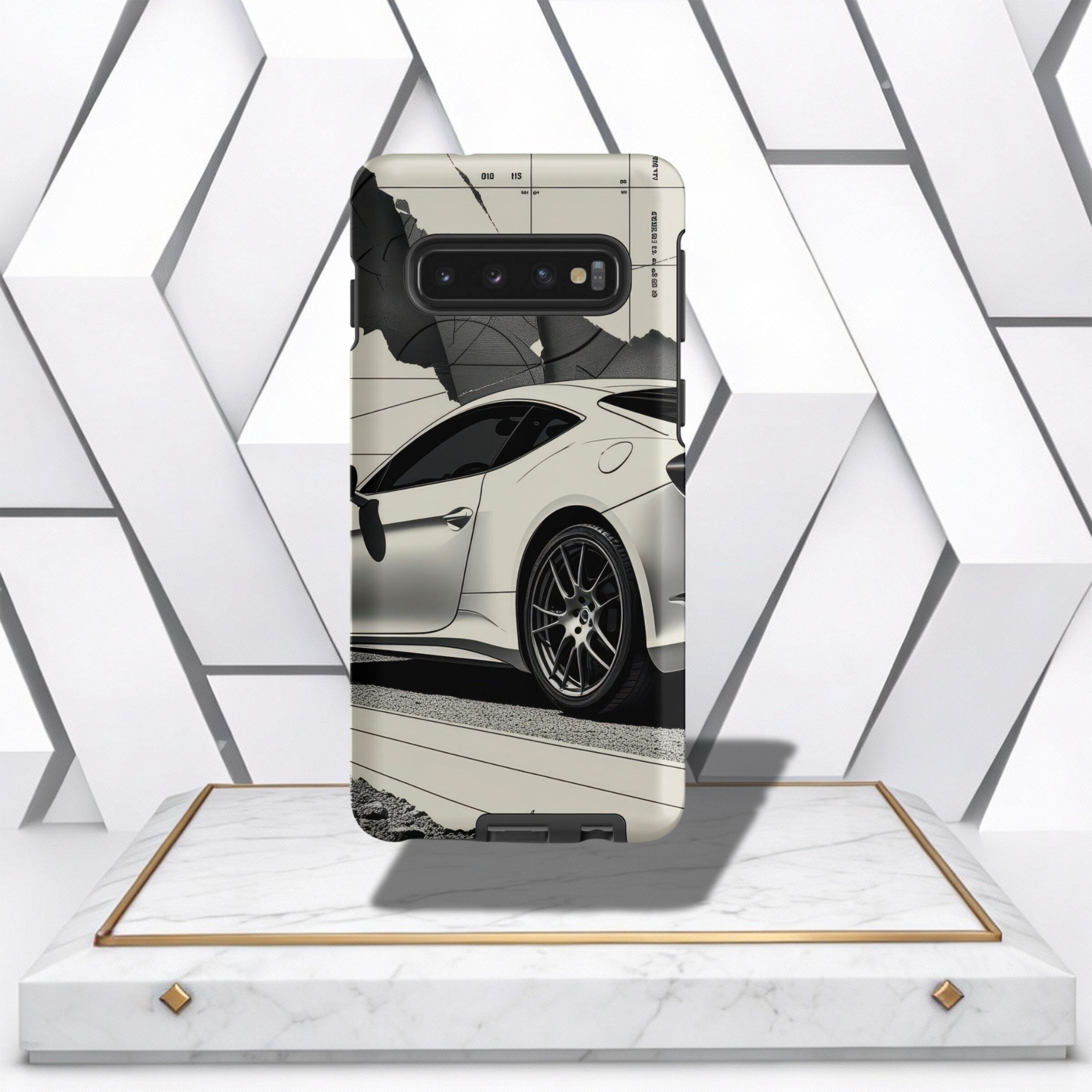 Coocosh phone case featuring a sleek, white sports car emerging from a cracked map design. Durable protection in a unique artistic style. Perfect for car enthusiasts who value both style and protection. Standard fit for smartphones. A captivating statemen
