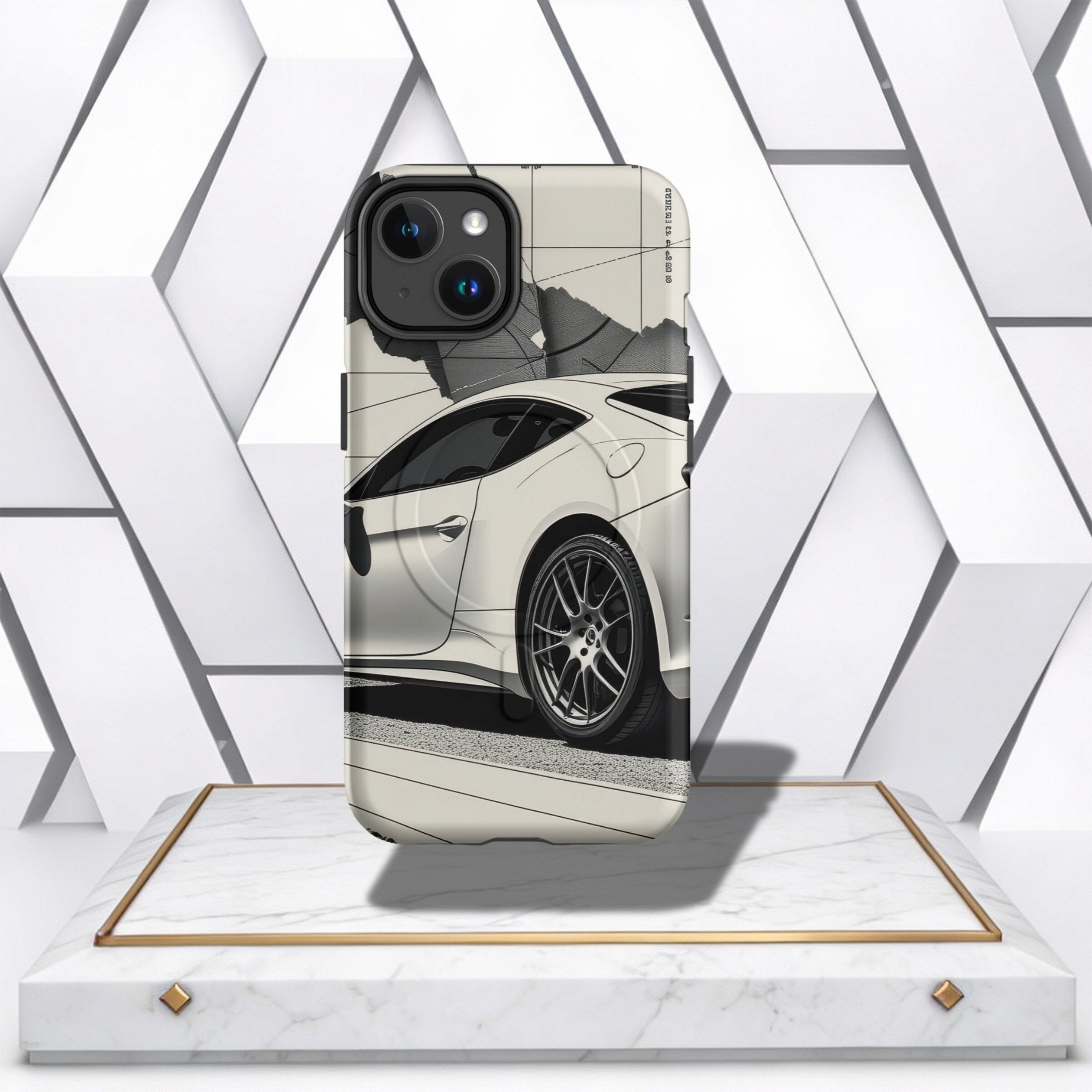 Coocosh Phone Case featuring a sleek white sports car design on a topographic map background, providing stylish protection. Standard size with precision camera cutouts. Displayed on a marble stand for a modern aesthetic. The unique design stands out, addi