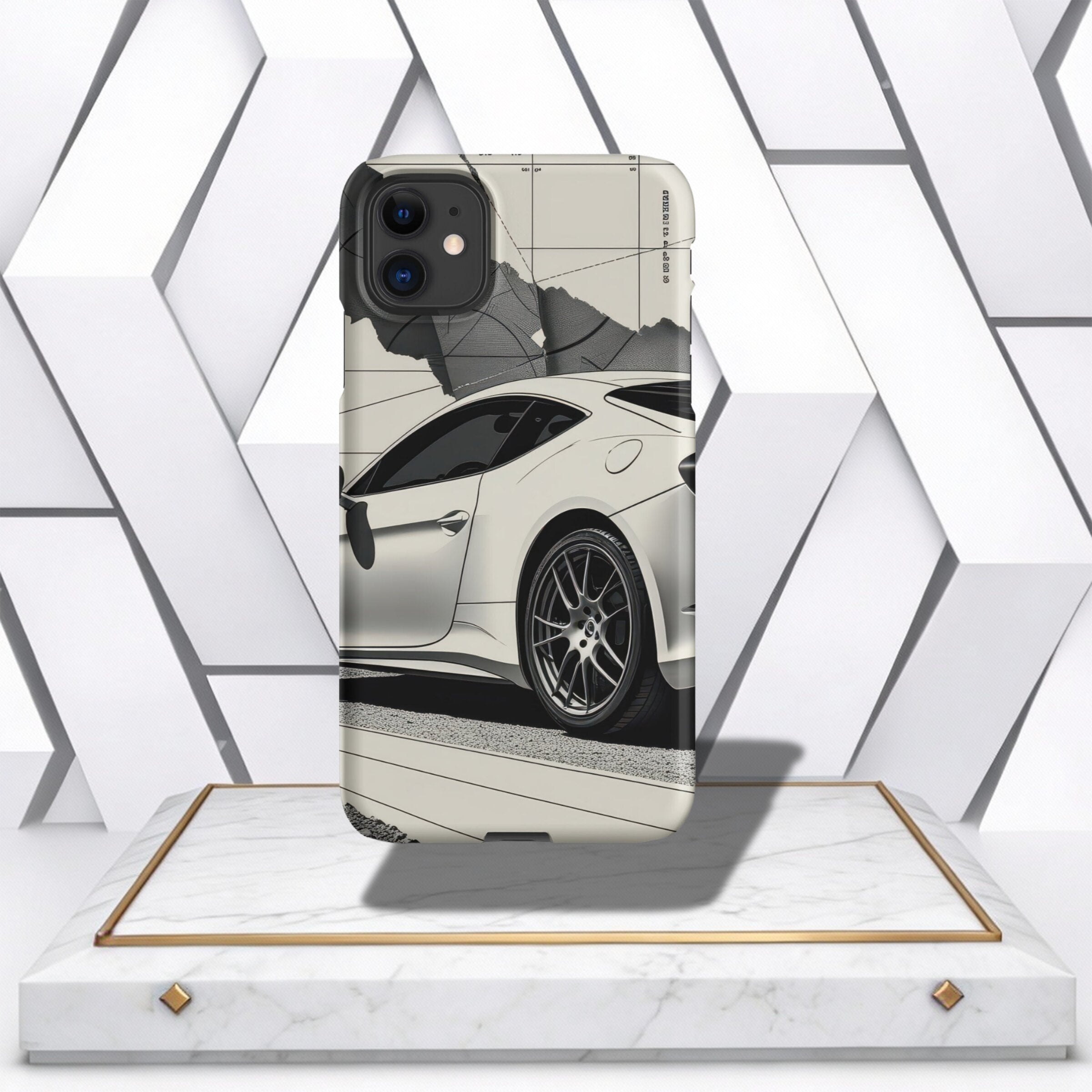 Coocosh phone case with a white car print on the rear, with a map-like background. The case has a standard fit, showing the car's details and rear tire on display. The background is white. The case is on a platform. Period.
