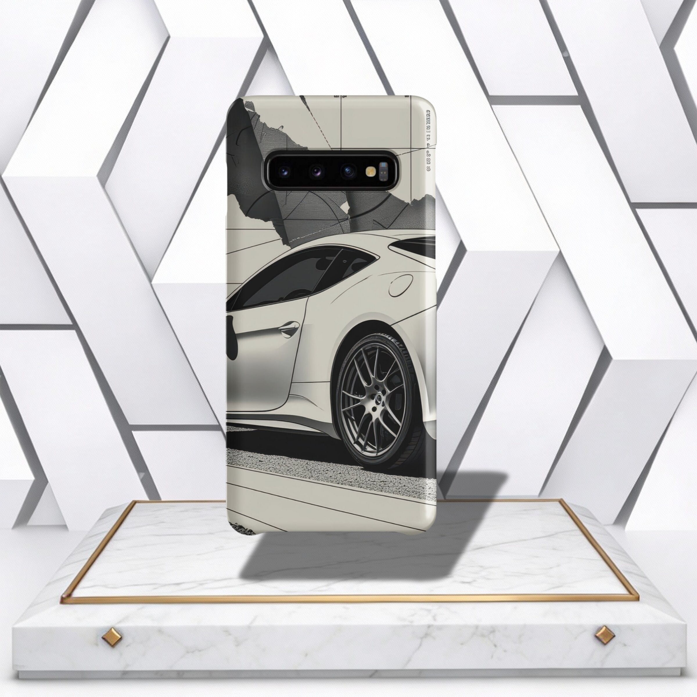 Coocosh Phone Case featuring a sleek white sports car graphic, providing stylish protection for your device. This case offers a slim fit and access to all ports. Standard.