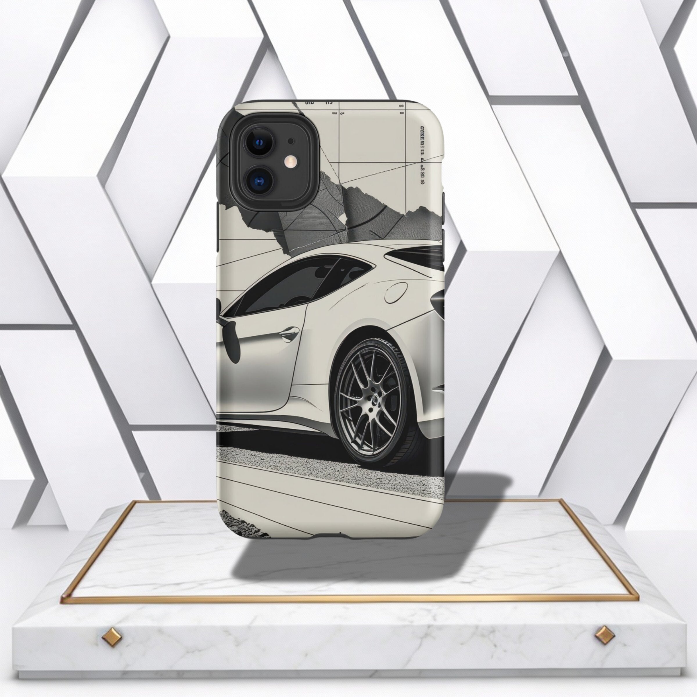 Coocosh Phone Case featuring a sleek sports car design against a backdrop of architectural blueprints, enhancing style and protection. Modern, durable and eye-catching. A white car on a marble stand with golden trim and geometric background. Dimensions ar