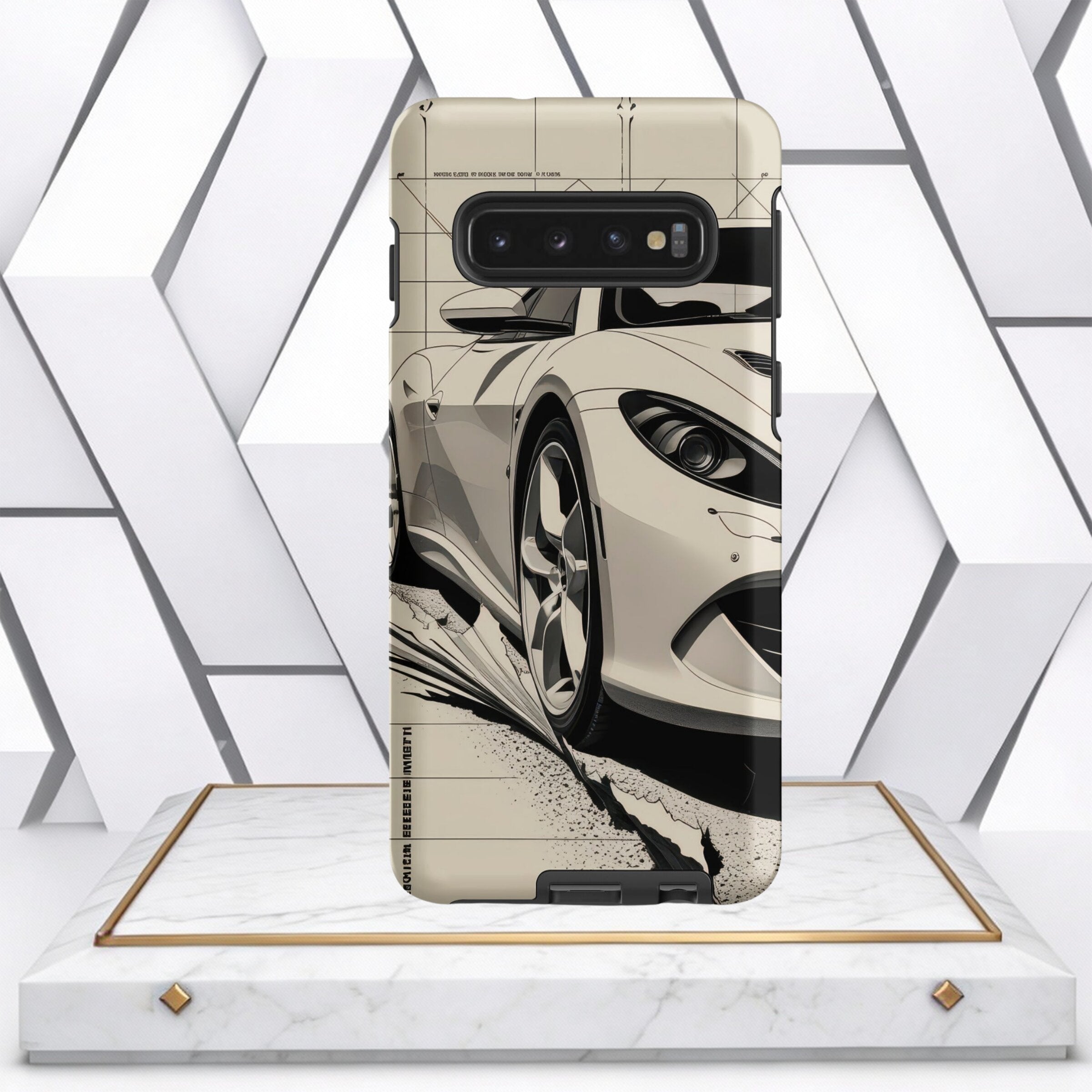 Coocosh phone case featuring a digitally enhanced white sports car design, offering protection and personalized style for your device. A striking accessory suitable for car enthusiasts. The case captures a dynamic perspective with precise detailing on a w