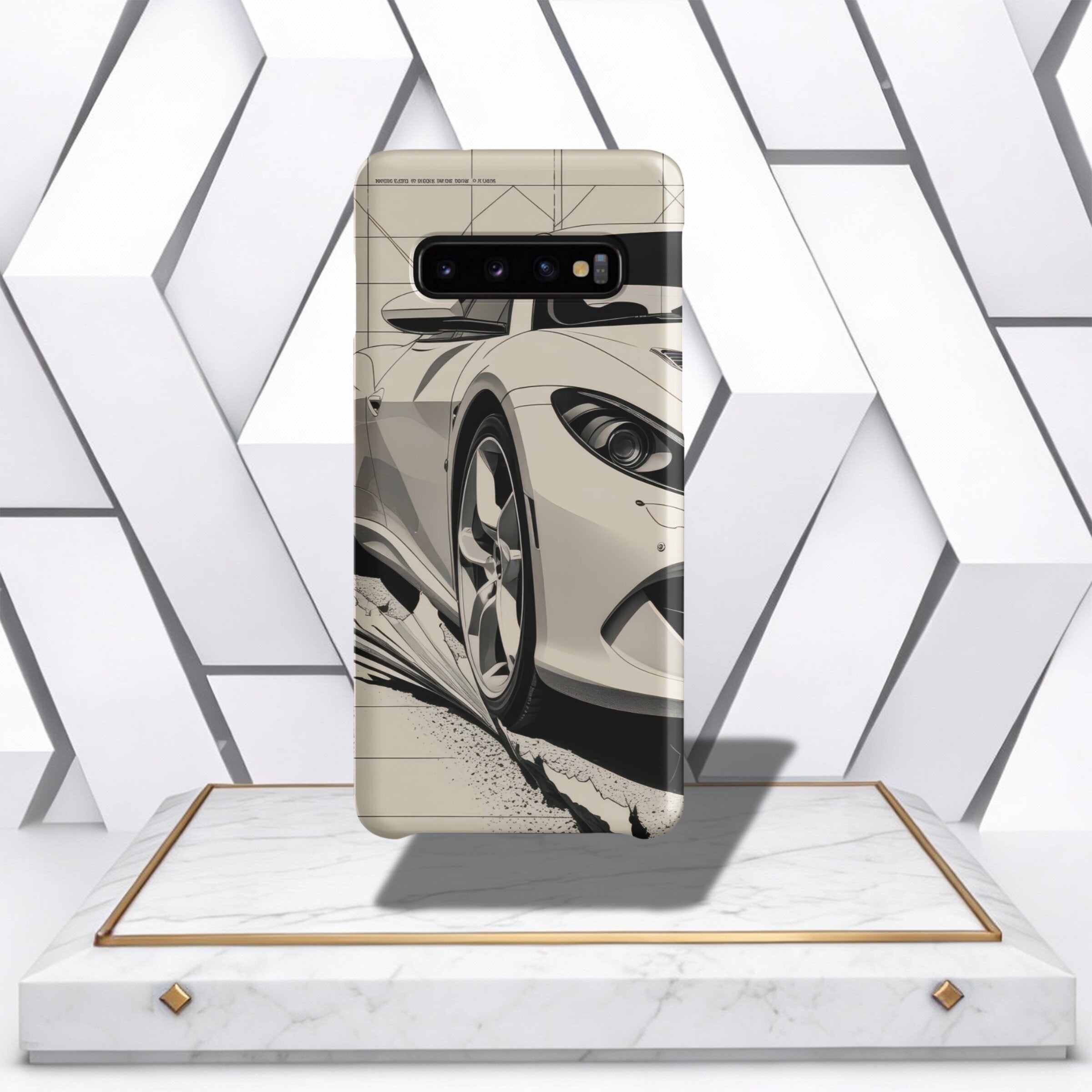 Coocosh phone case featuring an artistic monochrome car design, offering robust protection. The cover combines style and durability for everyday use. It's sleek, offering a unique look and protection. Enjoy the blend of art and function, a conversation st