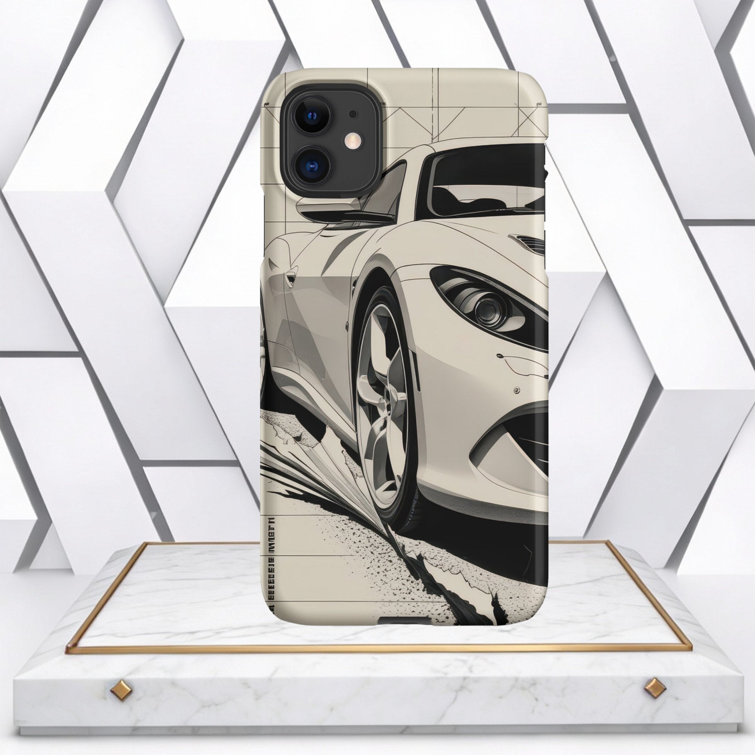 Coocosh phone case featuring a stylish car design. The case combines durability and aesthetics to protect your phone. The car's design is intricately drawn, adding a unique perspective. The neutral tones complement the clean lines, enhancing the overall a