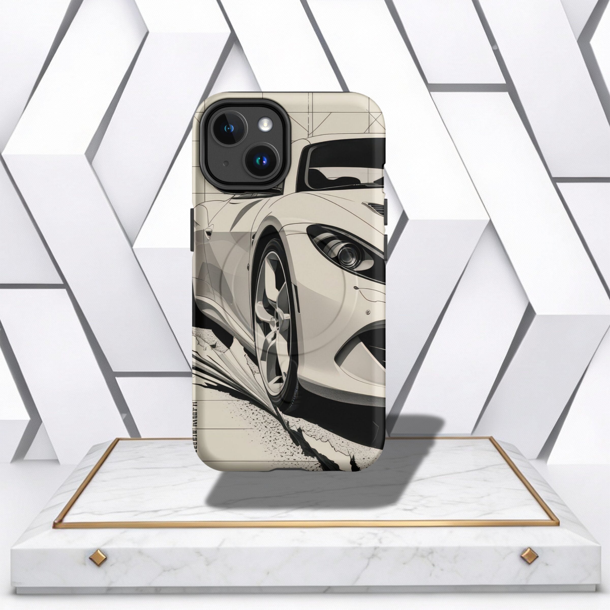 Coocosh Phone Case featuring a sketched high-performance car design, offering stylish protection for your device. The case showcases a dynamic automotive drawing, perfect for car enthusiasts, on a standard-sized case. The background is white with a 3-D de