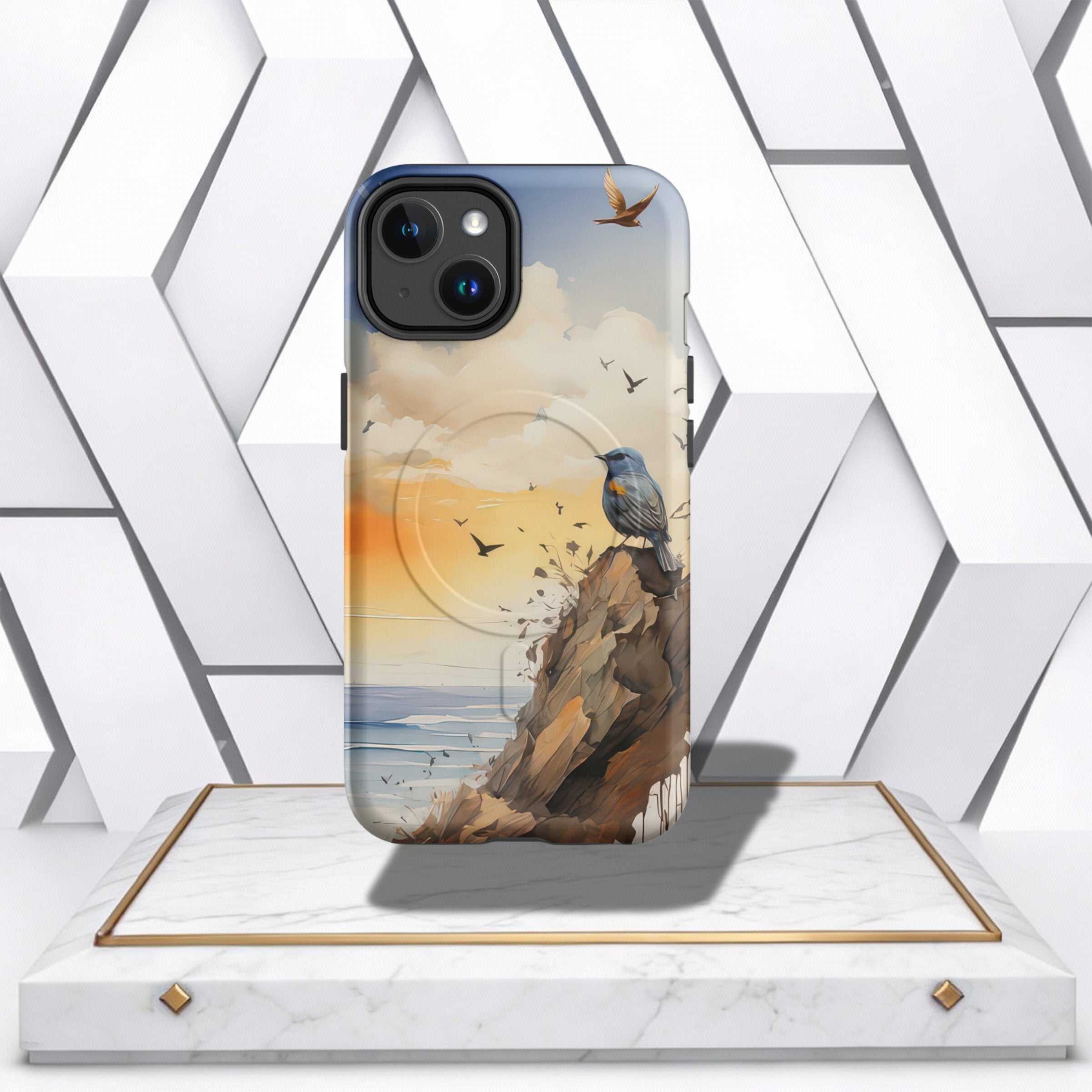 Coocosh phone case featuring a blue bird perched on a rocky cliff with a painted, textured ocean and sky background in blue, orange, and white, providing a scenic, protective cover. The phone rests on a marble platform.