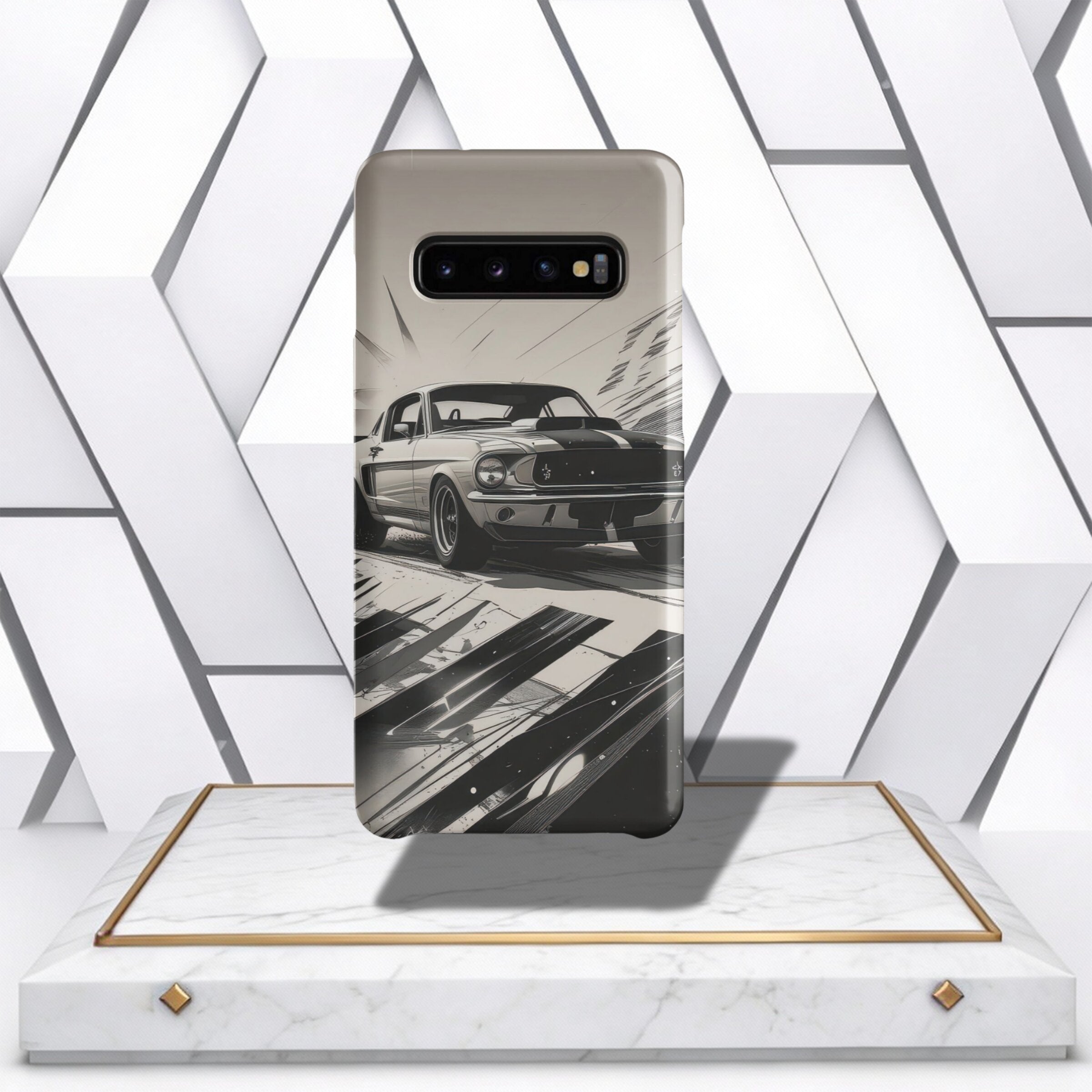 Coocosh Phone Case featuring a classic car design for Samsung Galaxy. Provides protection and style with its unique car print. Perfect for car enthusiasts, showcased on a marble stand with a backdrop.