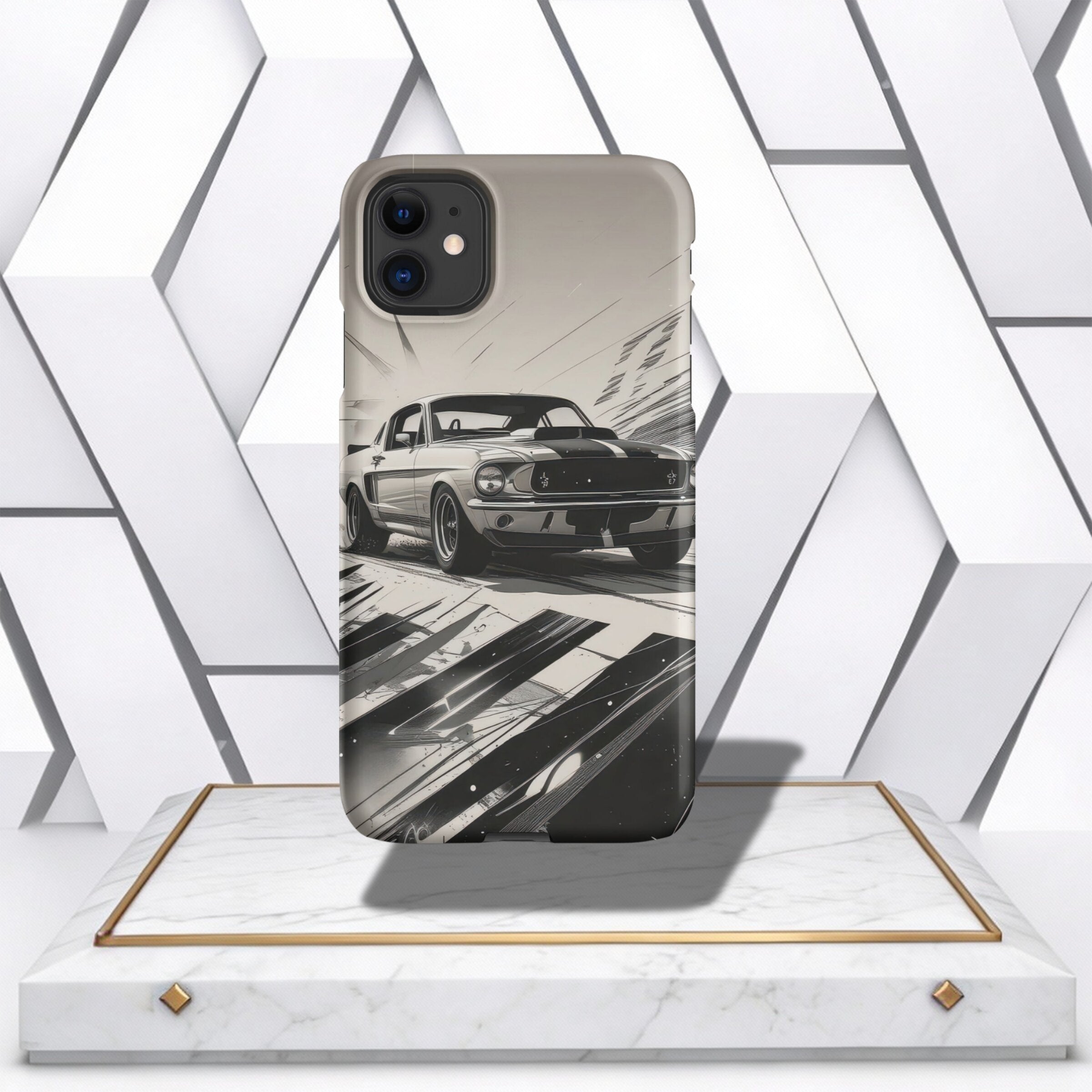 Coocosh phone case featuring a classic Mustang car design in grayscale, showcased on a marble pedestal against a modern geometric backdrop, offering a blend of vintage aesthetics and contemporary style. The case provides protection while adding a touch of