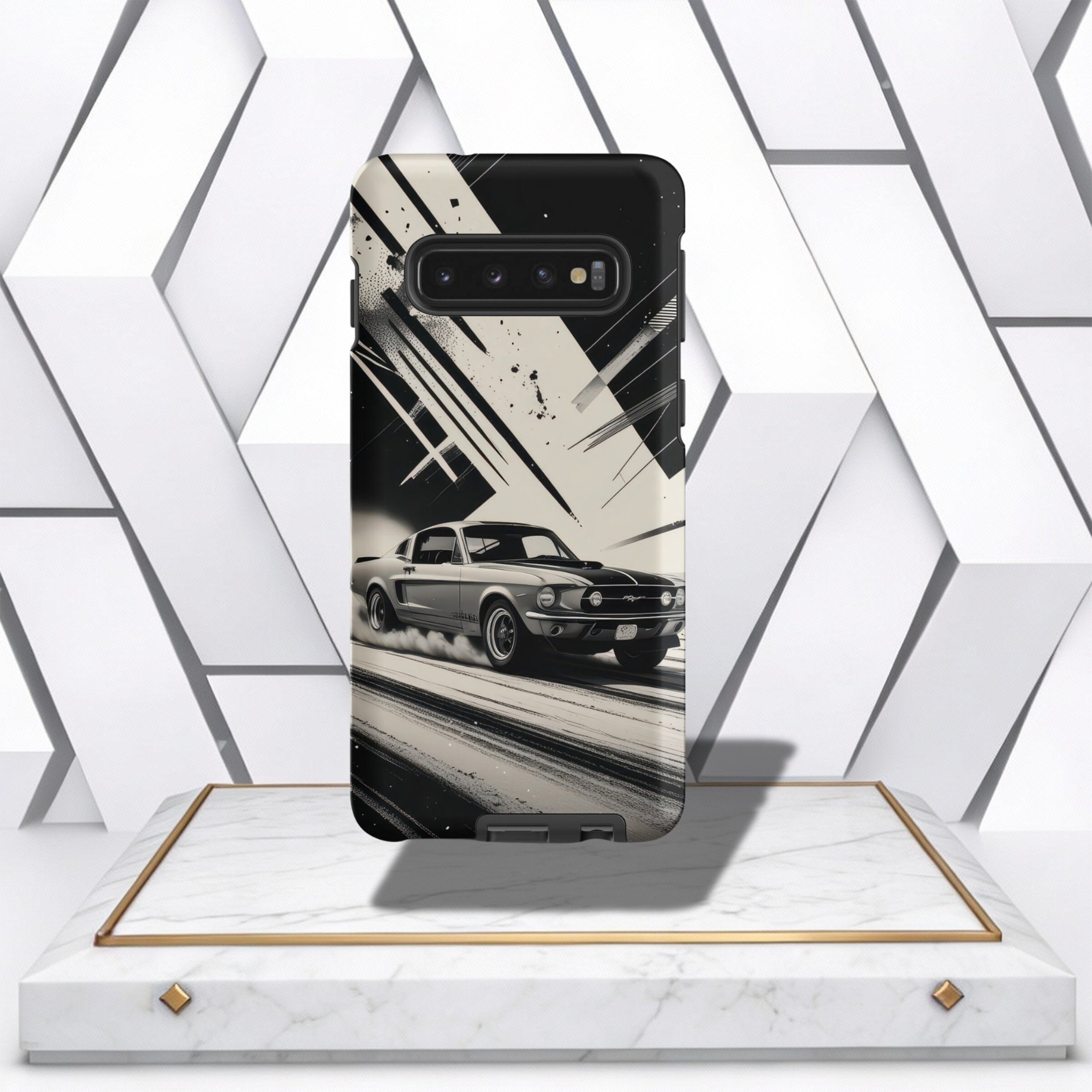 Coocosh Phone Case featuring a classic Mustang design, its sleek black and white colors are eye-catching. A modern protective case for your device with unique styling. Period.