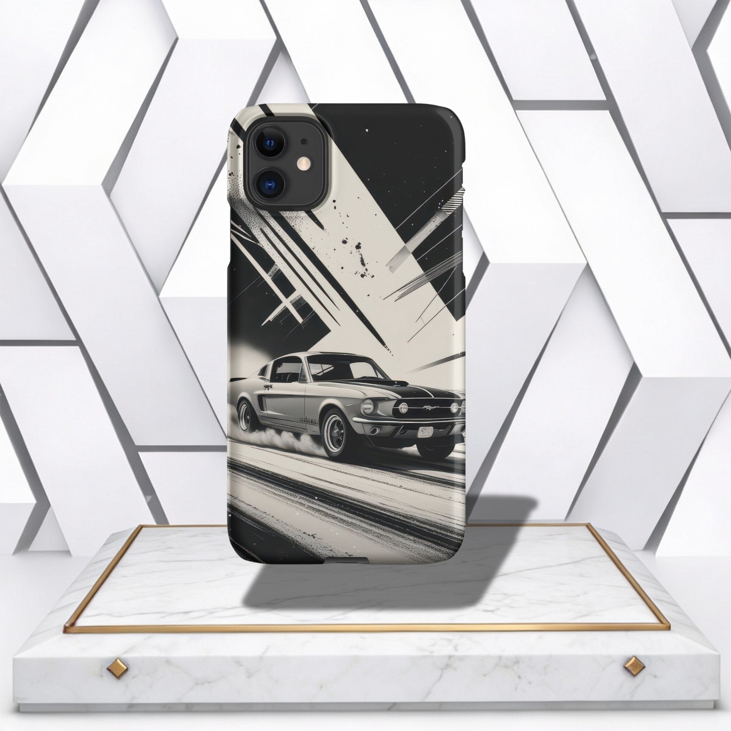 Coocosh Phone Case featuring a classic Mustang design, offering stylish protection. The black and white art captures a fast car perspective, enhancing your phone's look. Available in Standard.