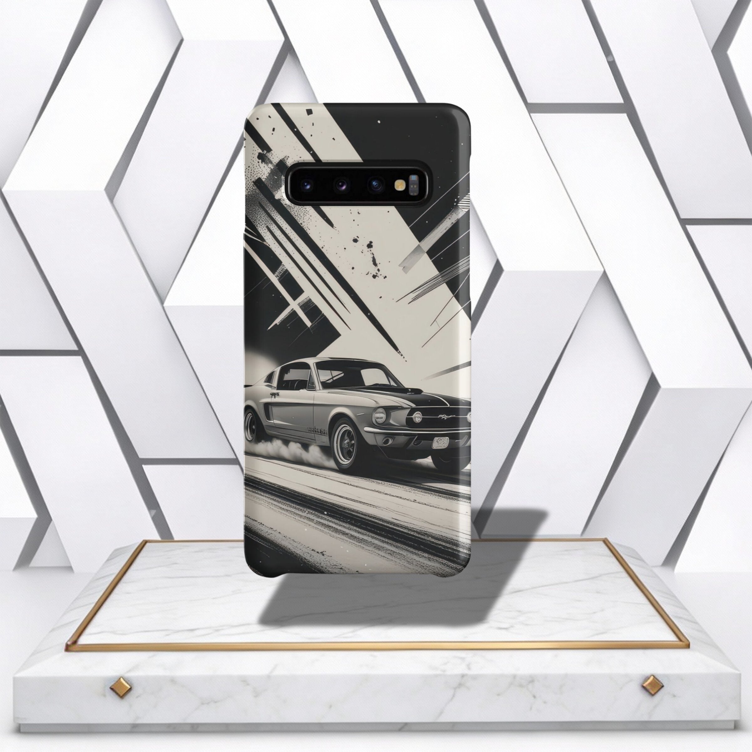 Coocosh Phone Case showcases a classic Mustang car design in striking black and white. Durable materials offer protection with a sleek aesthetic, shown on a platform. Perfect for car enthusiasts.