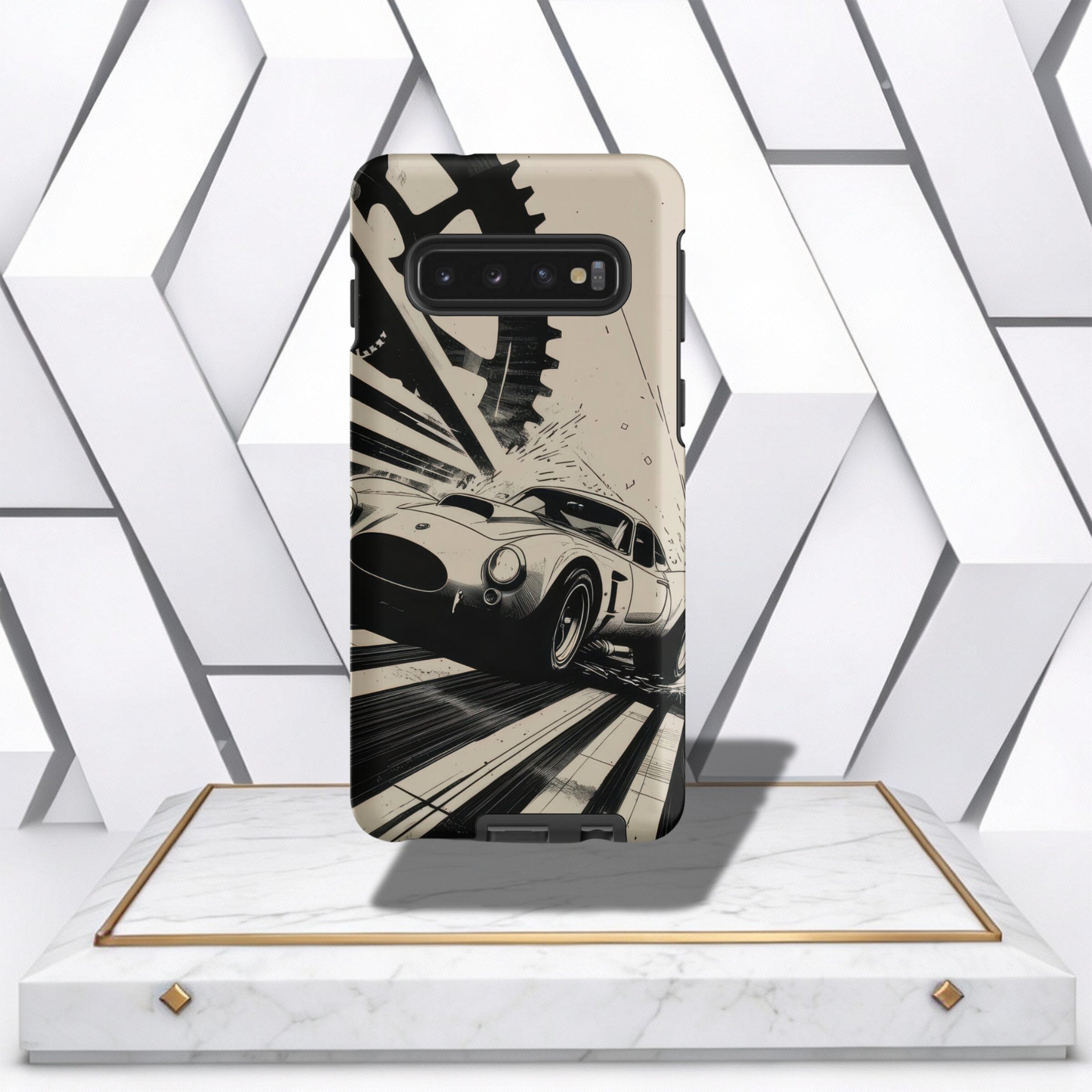 Coocosh phone case with a classic racing car design, showcasing a fast vintage vehicle. The case has a monochrome print and is perfect for automotive enthusiasts. A stylish accessory that protects your phone. Period.
