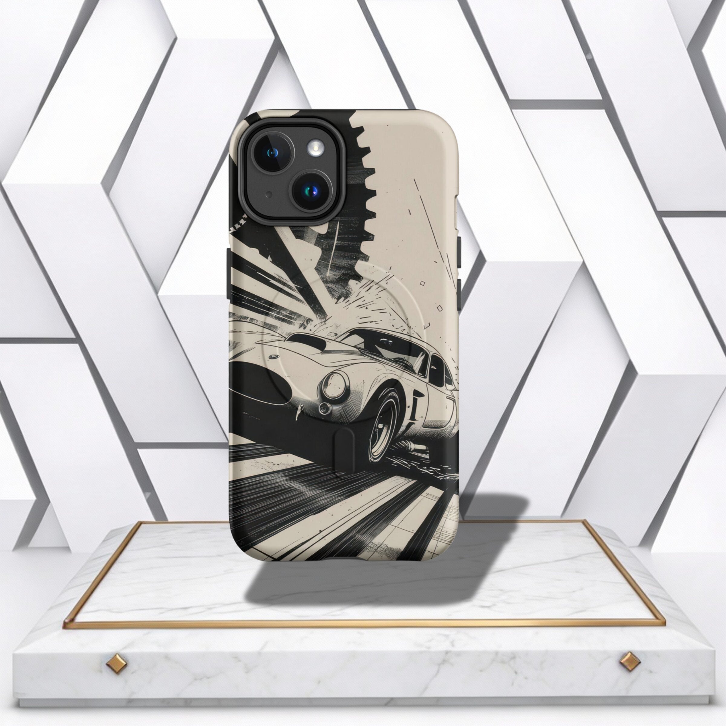 Coocosh phone case showcasing a vintage race car design, with striking black and white graphics creating a dynamic motion effect, offering impact protection and a stylish, nostalgic look for your phone. This standard case measures approximately 6"x3" from