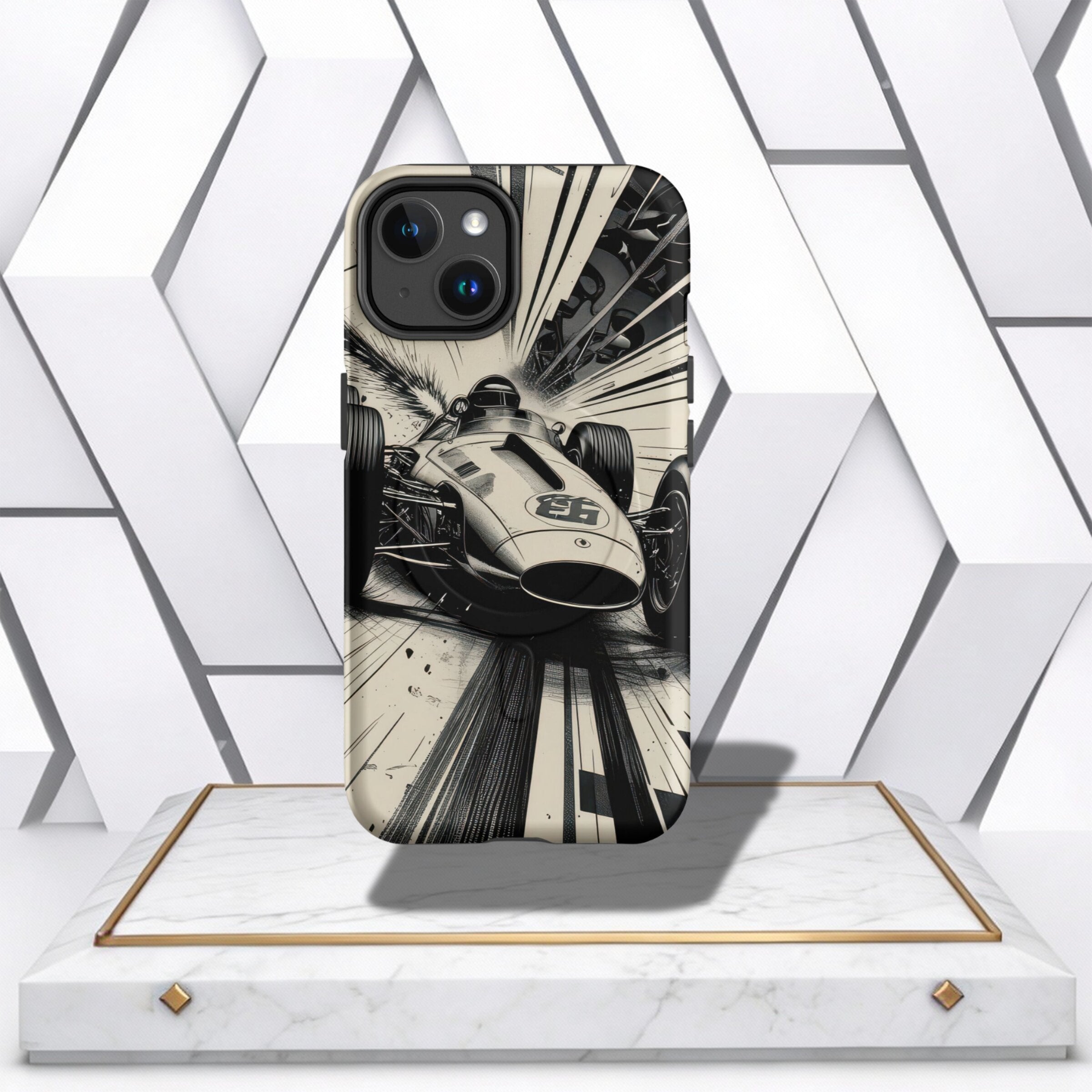 Coocosh phone case featuring a vintage race car design in grayscale, providing a unique and stylish look with enhanced protection. The case offers a cool perspective, blending retro aesthetics with modern functionality, sized for standard phones. Period.