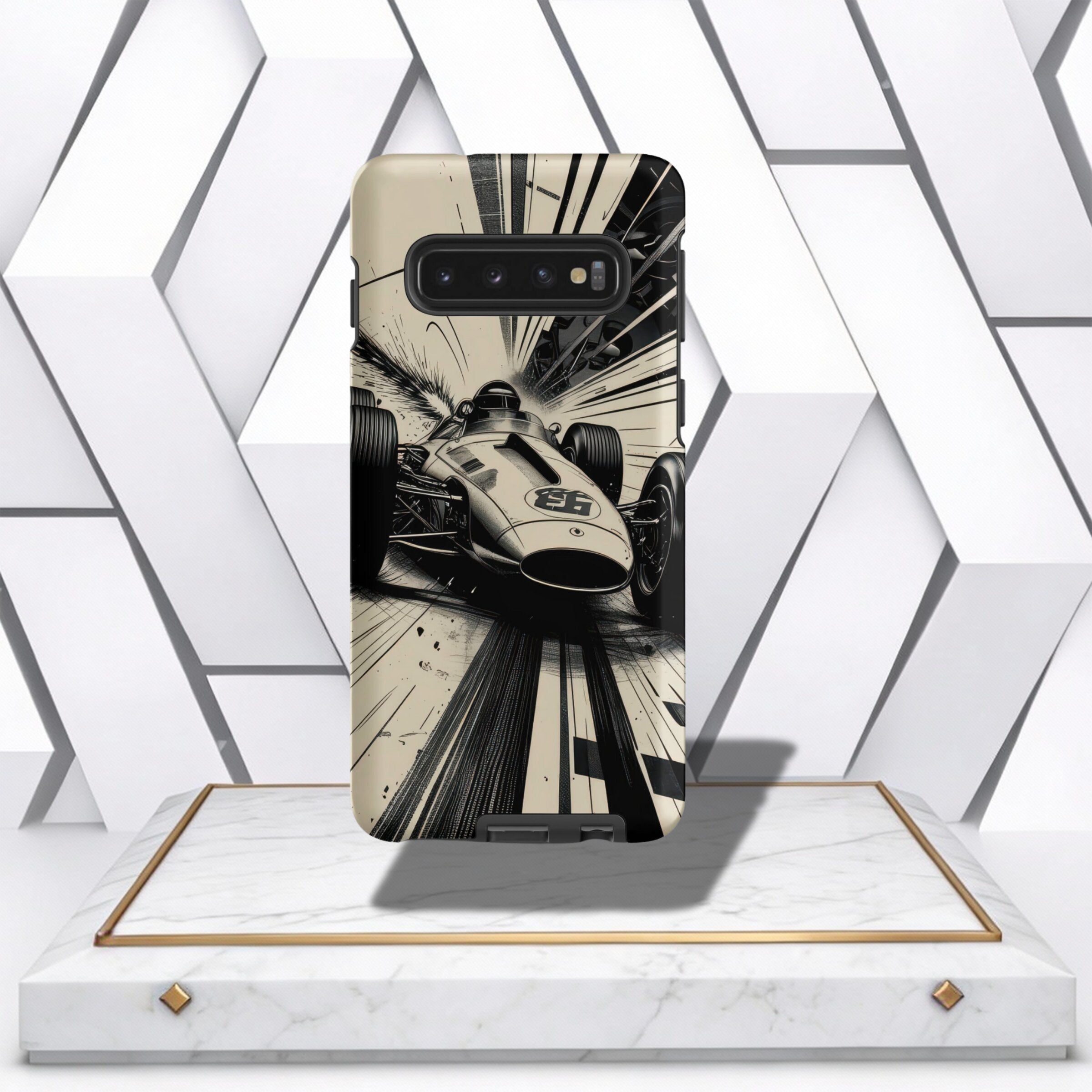 Coocosh Phone Case featuring a vintage Formula 1 race car speeding ahead, printed with high-quality ink on a durable case, showcased on a marble display stand. Striking design.