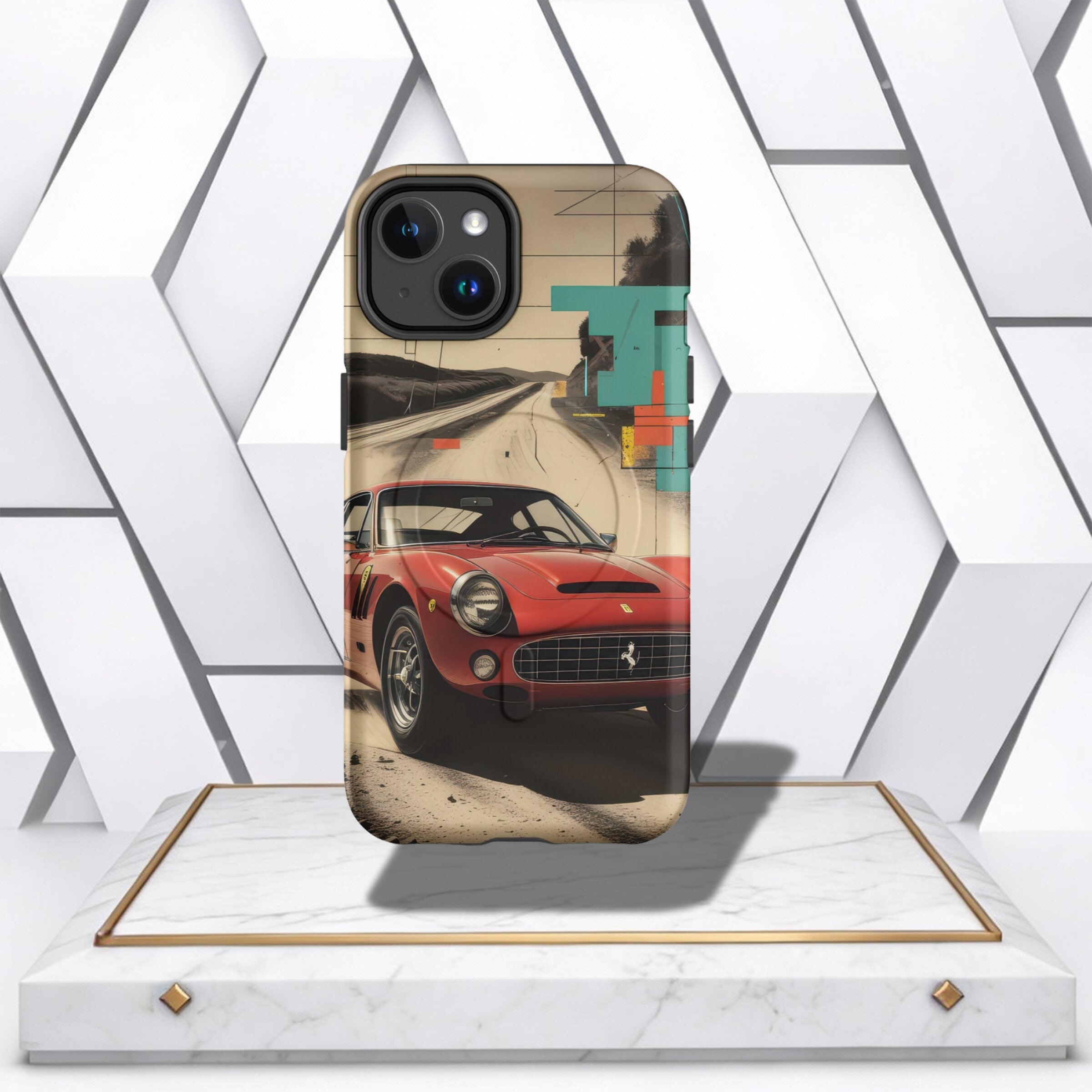 Coocosh Phone Case featuring a vintage red Ferrari on an open road, blended with abstract geometric shapes on a sleek, durable cover for iPhone models. A perfect blend of classic style and modern design, offering protection with an artistic flair. The dim