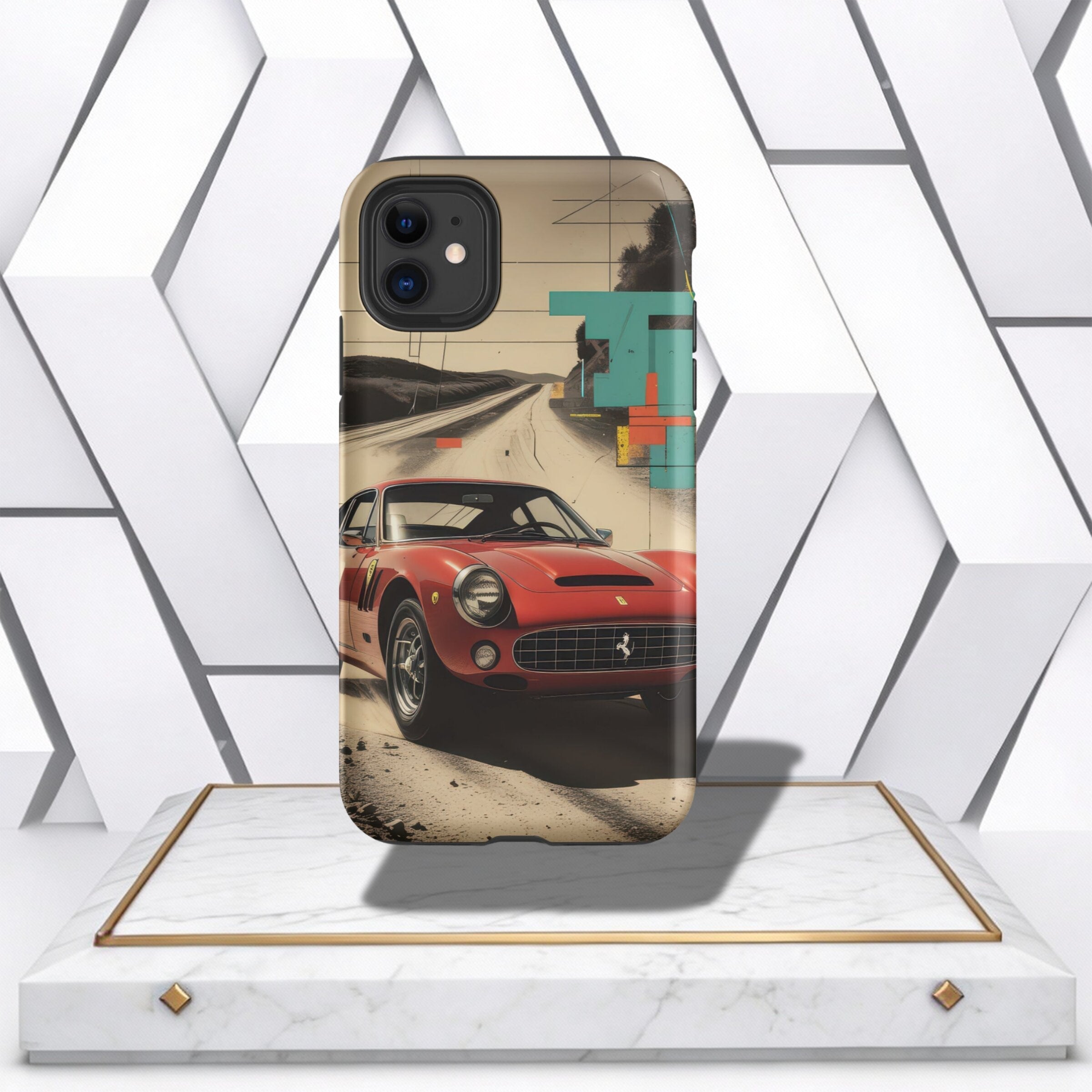 Coocosh phone case featuring a classic red Ferrari roadster in a vintage, painterly style. The case has a slim profile and protects the phone while showcasing a unique design. The case captures the car in all its glory, making it a stylish and functional 
