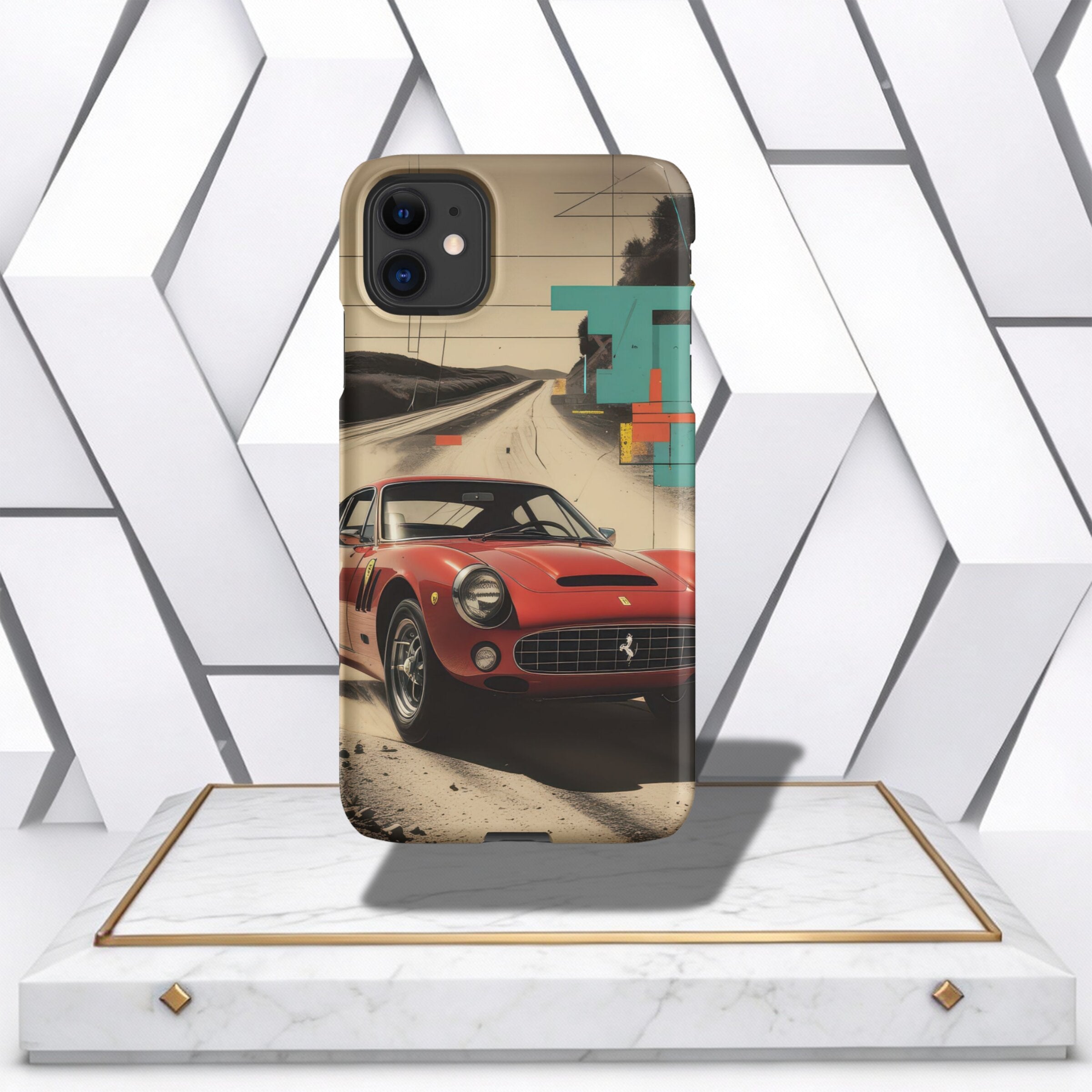 Coocosh Phone Case featuring a classic Red Ferrari on a vintage road design, offering durable protection. A stylish way to showcase automotive art while safeguarding your phone. This case offers a unique blend of nostalgia and modern technology, perfect f