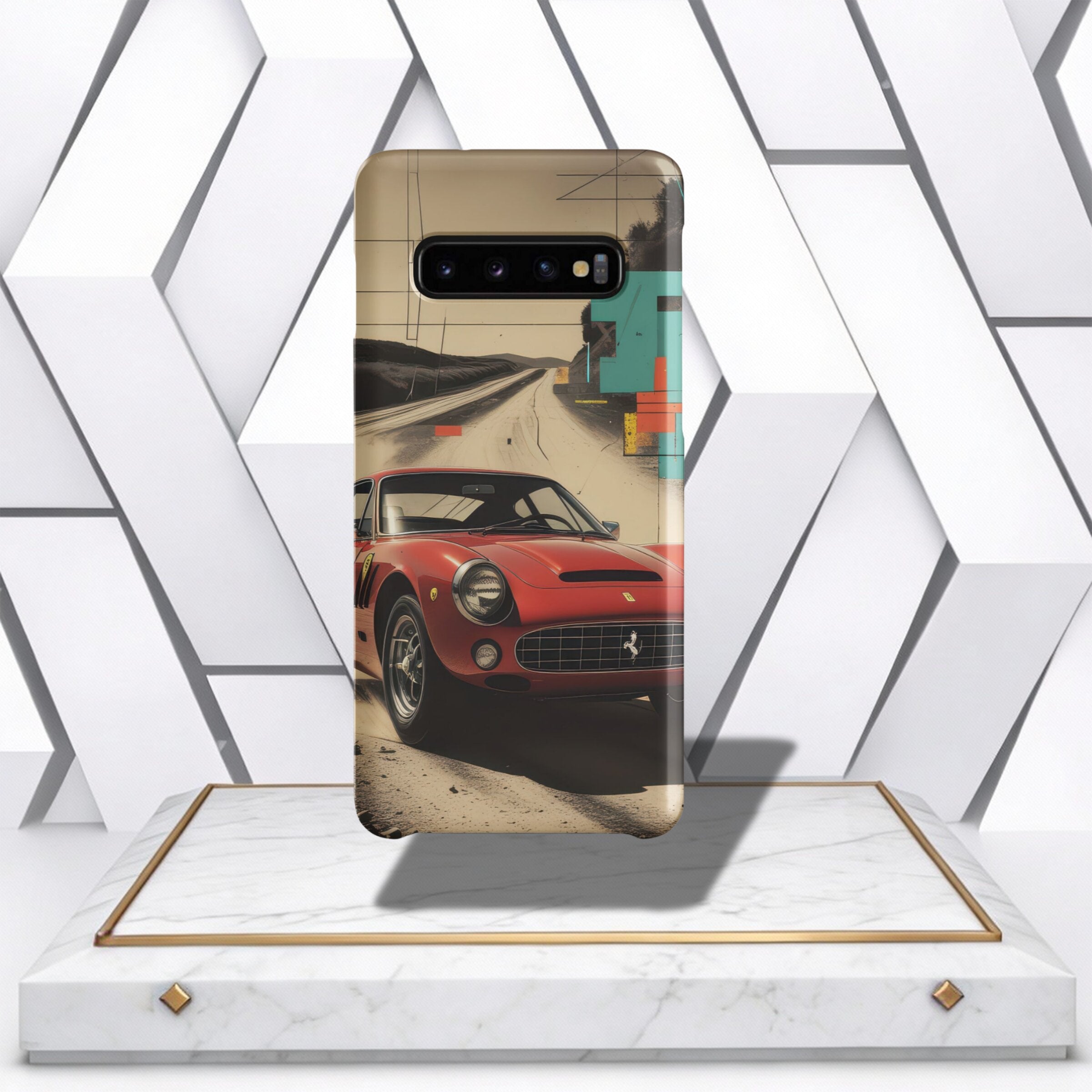 Coocosh phone case featuring a red Ferrari sports car on a vintage-style road scene, offering slim protection for your device with vibrant colors and a unique design perspective. The case is for a Samsung device.