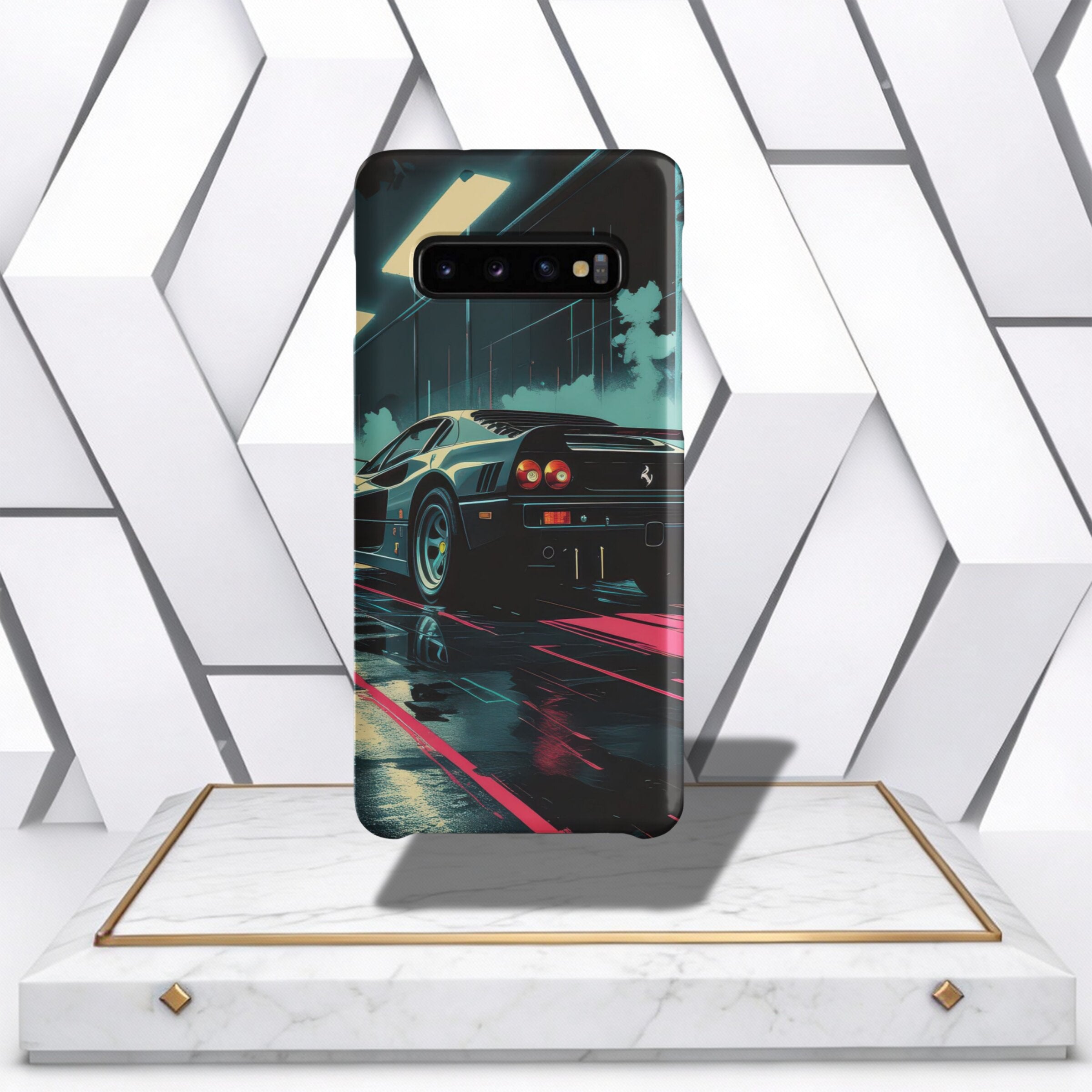 Coocosh phone case showcasing a vintage black sports car on a wet city street at night, with vibrant neon reflections and a stylish, protective design. A perfect blend of art and function. The phone case has a camera cutout for convenient picture taking. 