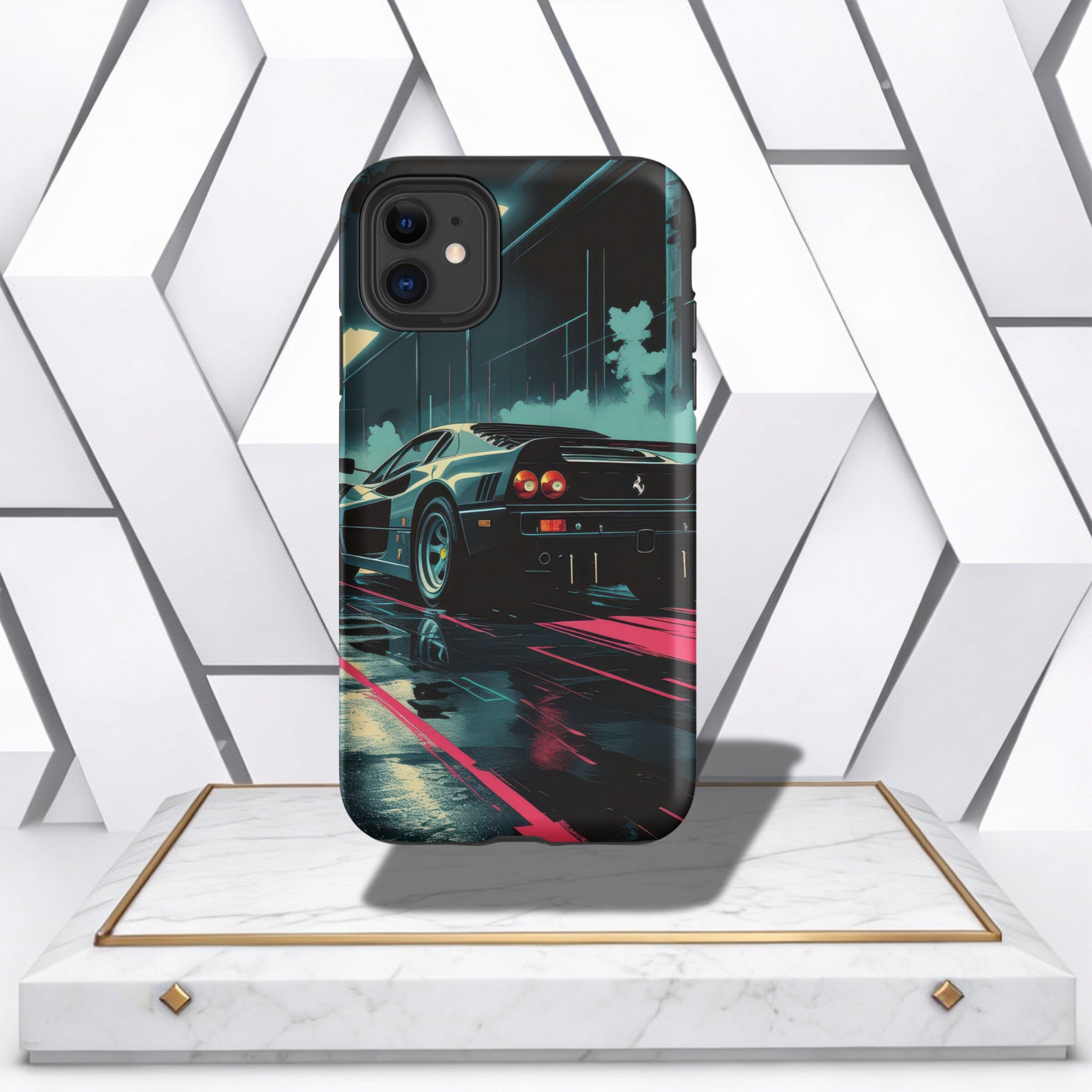 Coocosh phone case featuring a black Ferrari F40 in a stylized, retro-futuristic cityscape design on a marble display stand, evoking speed and sophistication. Perfect protection with style.