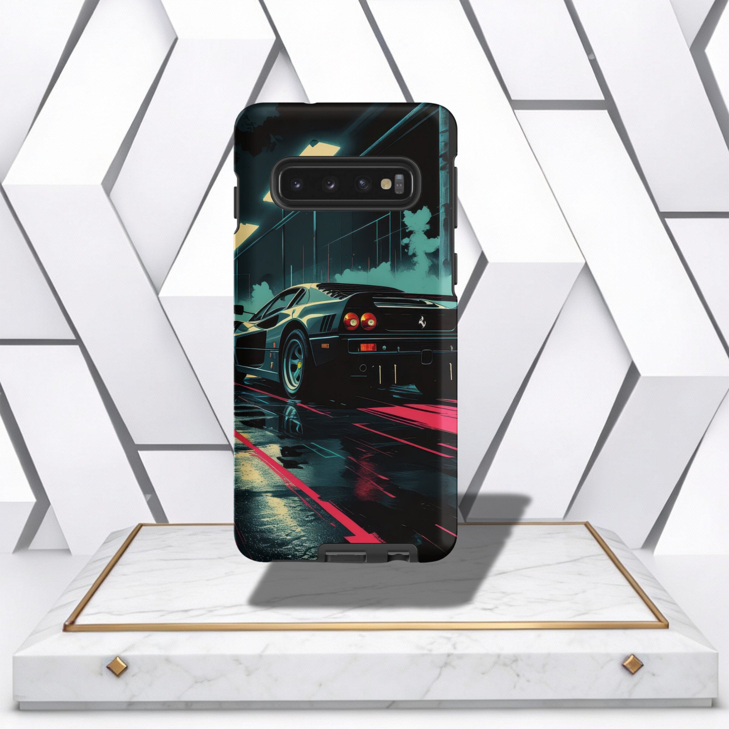 Coocosh phone case displaying an artistic illustration of a black sports car in a wet city street, with red neon lines highlighting the speed, from a rear angle perspective. A stylish accessory.