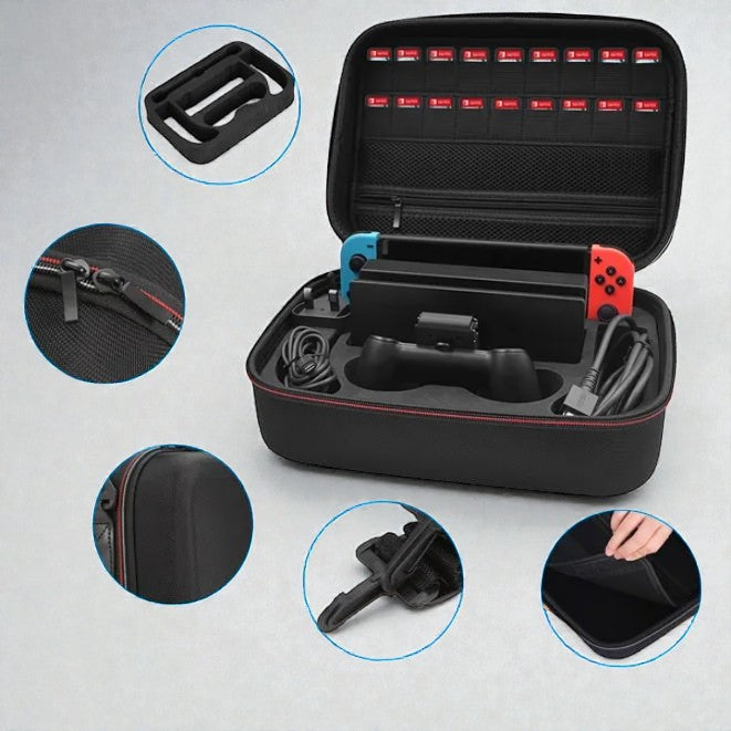Coocosh Carrying Case for Nintendo Switch: Hard-shell EVA material provides excellent protection; Black with red trim; Custom-cut compartments for console, dock, controllers, games. Ideal travel companion for gamers on the go. Keep your Switch safe and or