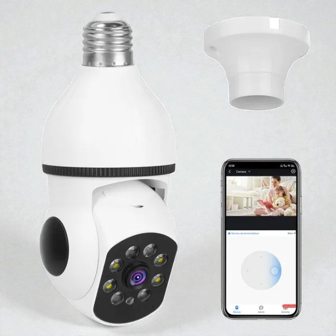 Coocosh Smart Security Camera resembling a lightbulb. This white camera can be controlled remotely via an app, shown on a smartphone. Features include night vision and motion detection. Period.