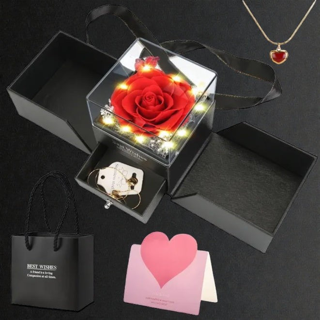Coocosh gift set featuring a preserved rose in a clear box with LED lights, a necklace with heart pendant, a gift bag, and a greeting card with a heart on a black background. Perfect gift.